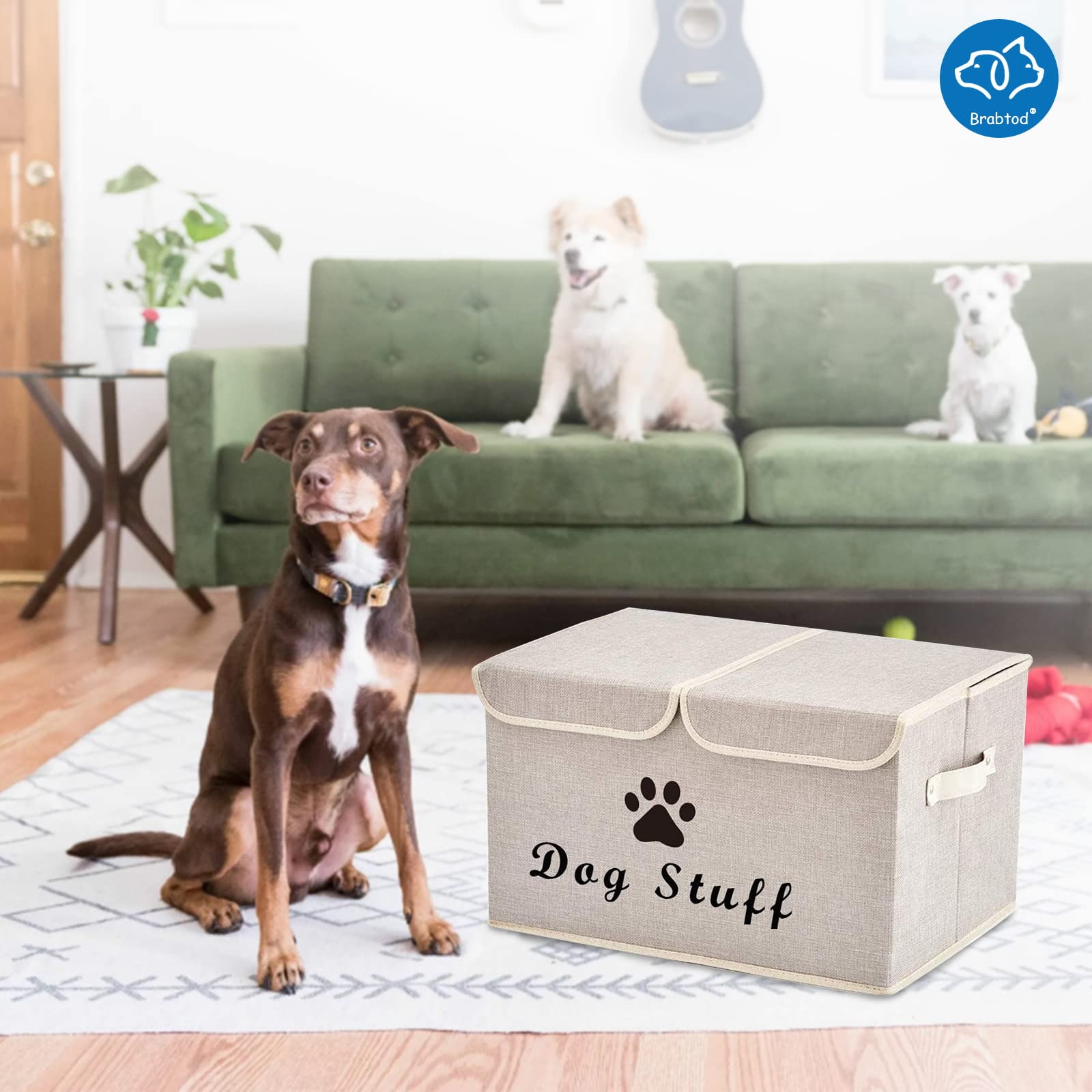 Caja grande de almacenamiento de juguetes para perros, cesta de almacenamiento de lona con tapa, contenedor plegable de lino, ideal para organizar juguetes de perros y gatos y cosas de