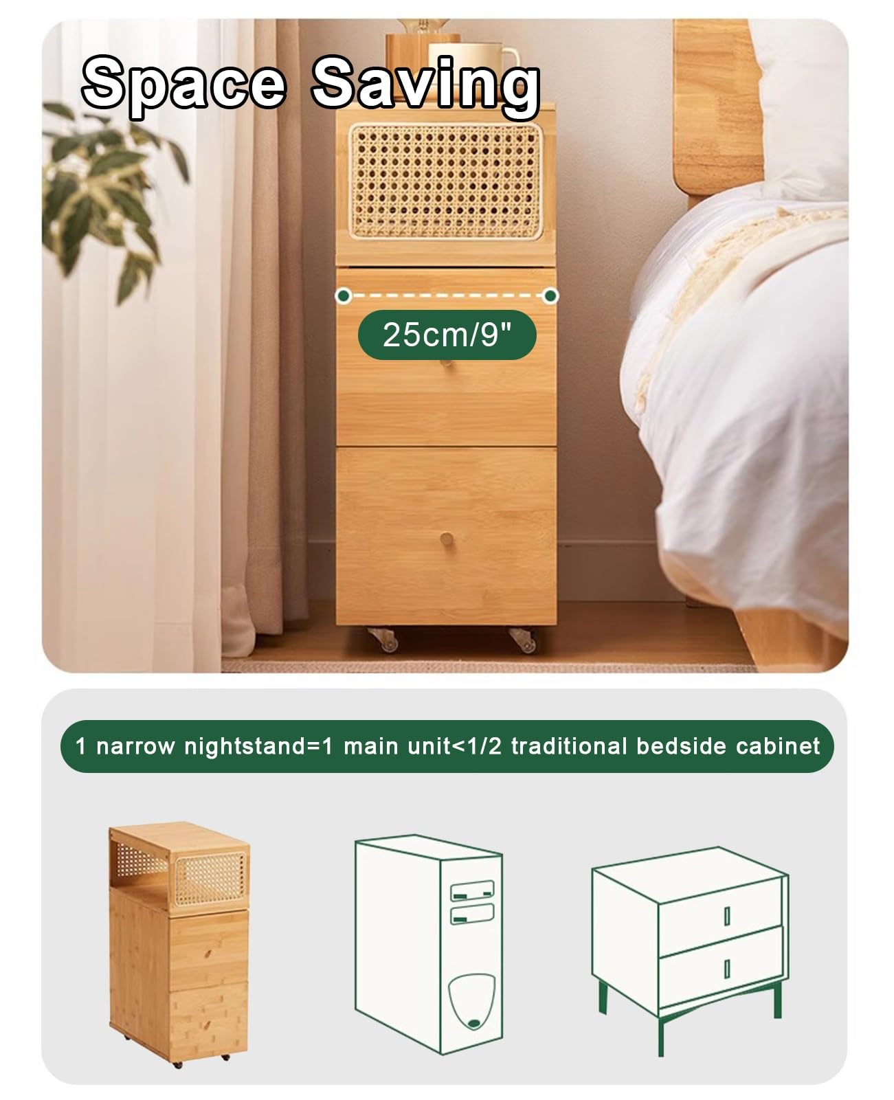 Mesita De Noche Estrecha De Madera Maciza con Ruedas Universales Y Cajones para Dormitorio, Sala De Estar Y Dormitorio.