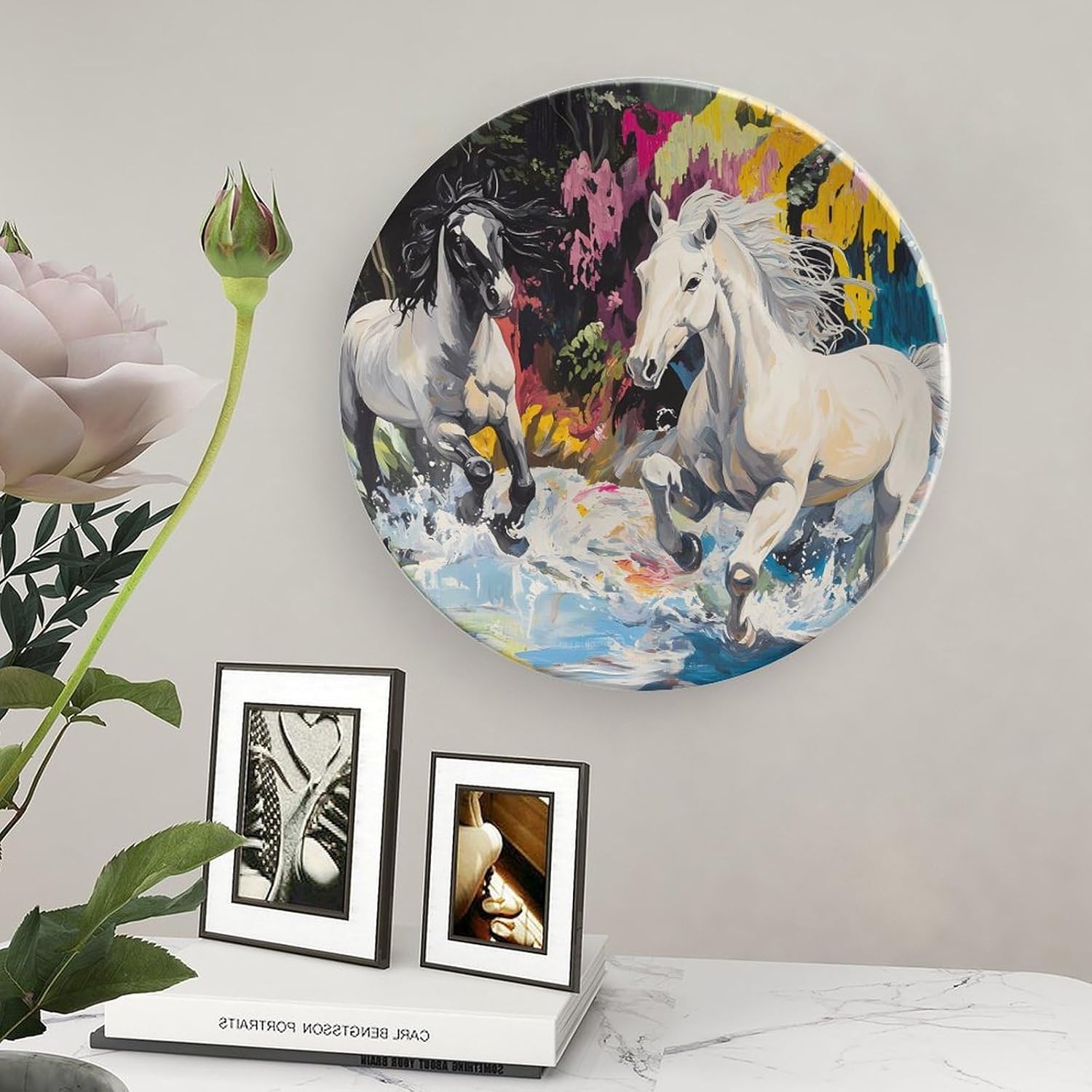 Running Horses Artistic Fantasy River Decorative Plates for Display Ceramic Plate Tray with Stand Hanger Home Decor