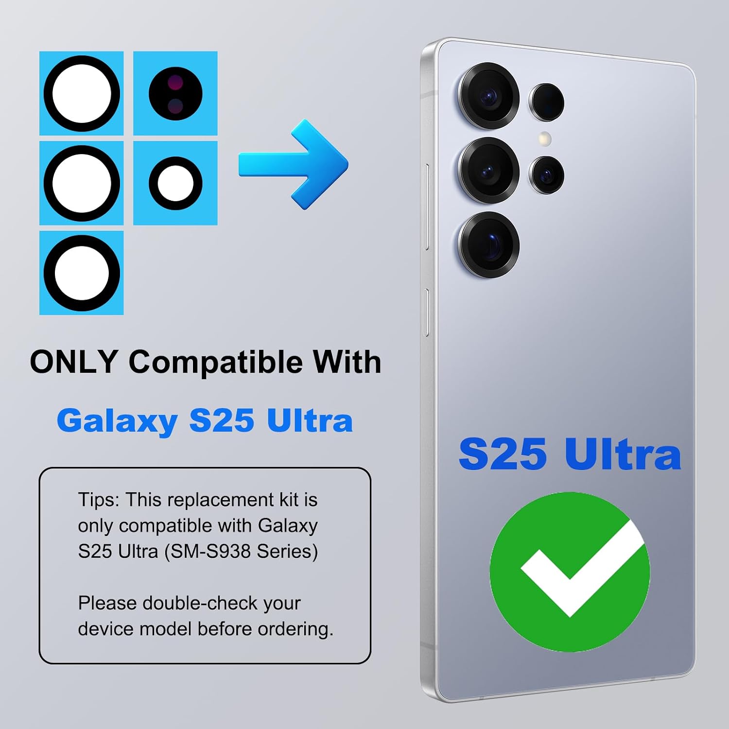 3-Pack Rear Camera Lens Glass Replacement Kit Compatible with Galaxy S25 Ultra, with Pre-Cut Tape + Repair Tools + Instruction Manual