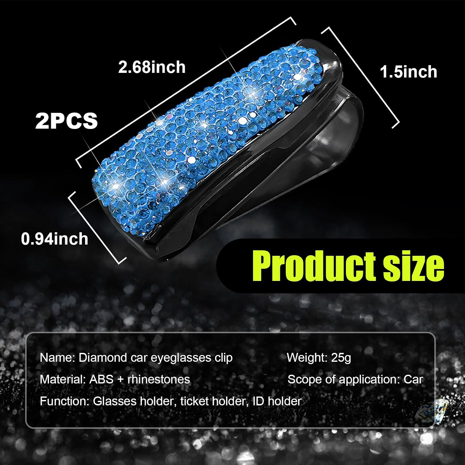 Dickno 2 PCS Bling Sunglasses Holder for Car Sun Visor, Crystal Rhinestones Eyeglasses Hanger Mount with Ticket Card Clip, Universal Vehicle Visor Decor Accessories for Women (Light Blue) image 2