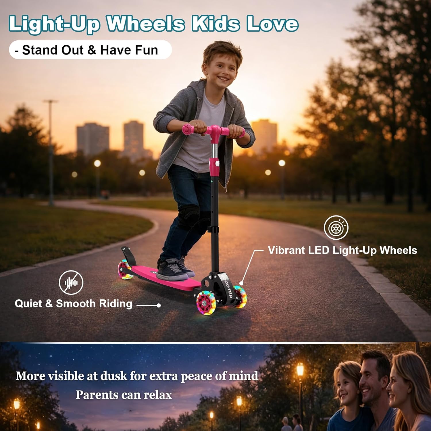 3 Wheel Kids Kick Scooter for Ages 3-12, Lean-to-Steer, Light-Up Wheels, 3-Level Adjustable Handlebar 27.5”-33”, Wide Non-Slip Deck, Dual Rear Brake,Travel Foldable, for Boys & Girls Toy Gifts