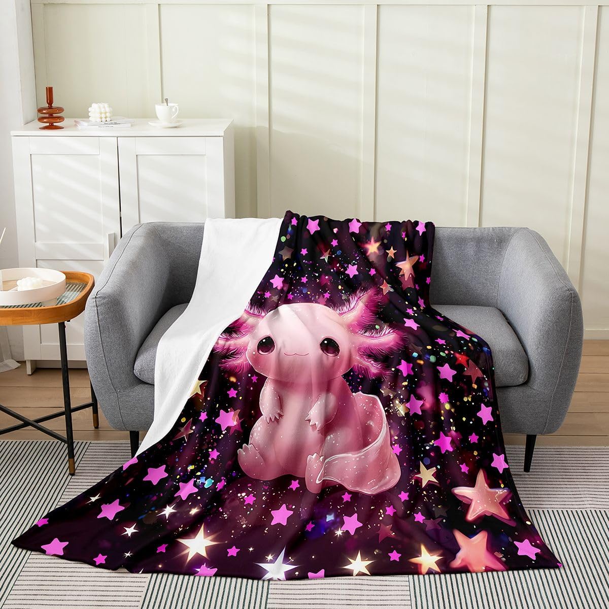 Erosebridal Kids Pink Axolotl Flannel Blanket Queen 90x90 Inch Girls Pink and Black Starry Sky Fleece Blanket Teens Cute Axolotl Fuzzy Plush Throw Girly Stars Reptile Animal Decor image 2