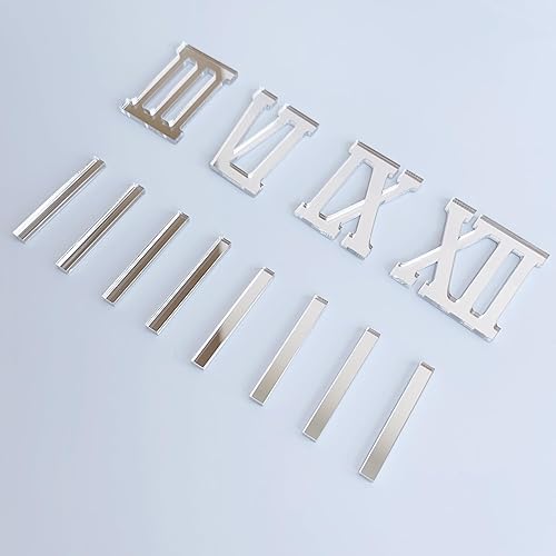 Miniatura 5 de NUO RUI 12 piezas de números romanos espejo dígitos dorados y guiones para bricolaje un reloj de pared (espejo plateado)