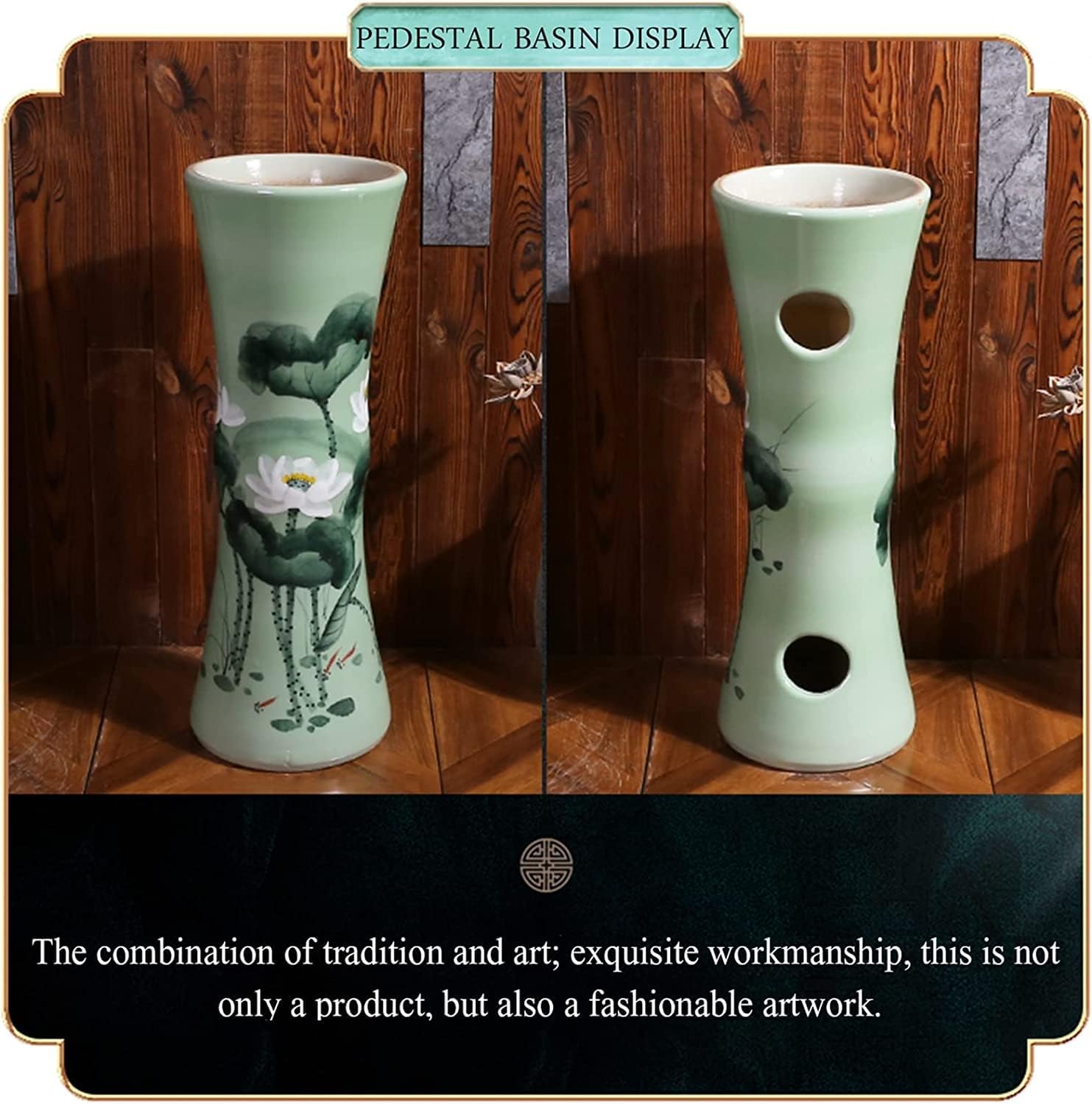 Art Bathroom Washbasin Sink with Full Pedestal Artistic Pedestal Sink Combination Sink Washbasin Handmade Faucet and Drain (A with Mirror)