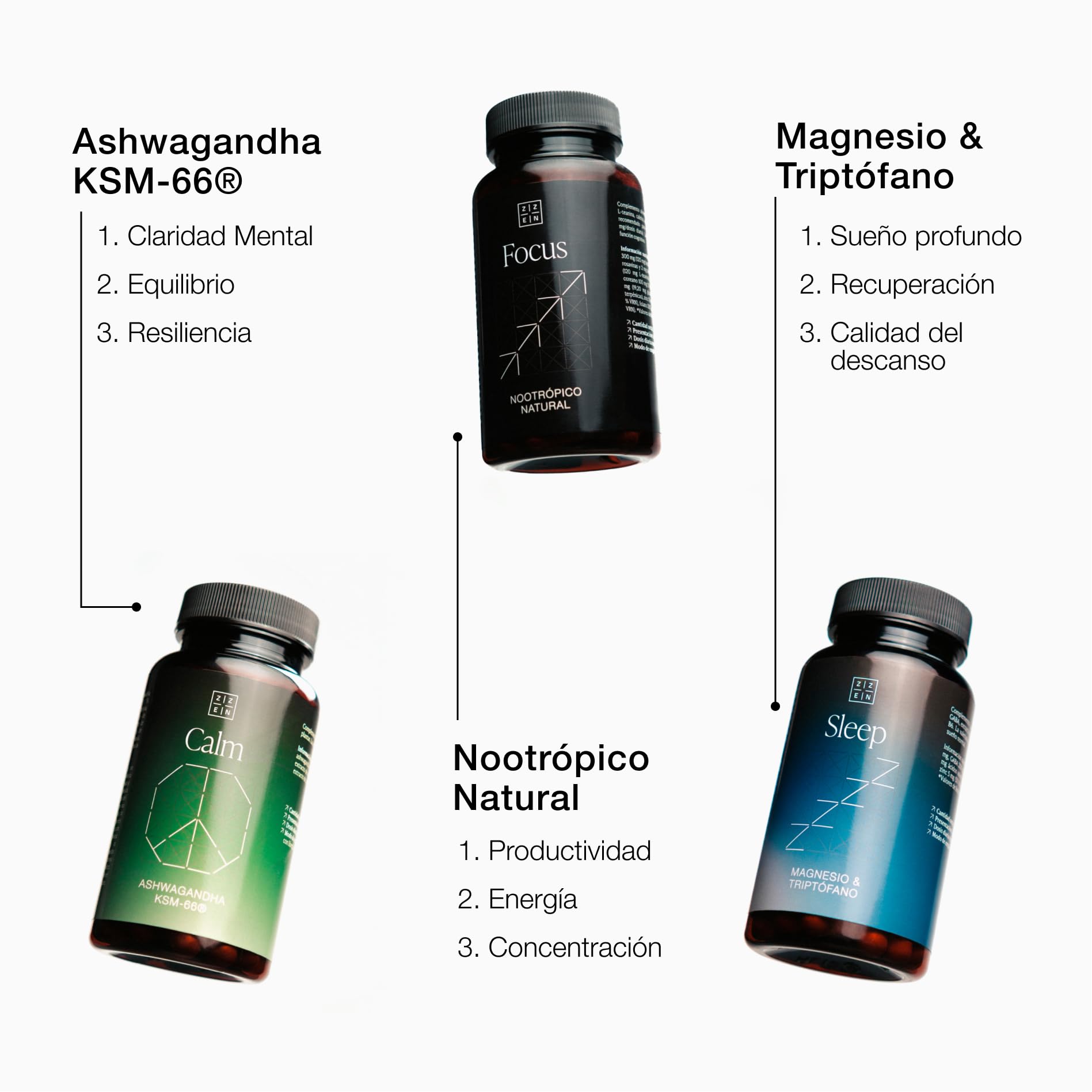 MODO ZZEN - Pack de 3 | Nootrópico para la Memoria, Energía y Concentración (FOCUS) + Ashwagandha KSM-66 para el Estrés (CALM) + Magnesio Bisglicinato y L-Triptófano para el Sueño Profundo (SLEEP)