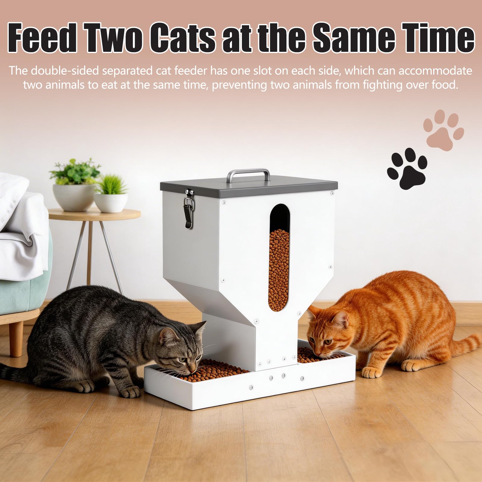 Comedero automático para gatos para 2 mascotas, 12 L de metal para mascotas, dispensador de comida seca con doble embudo, gran capacidad, gravedad, comedero para perros y gatos