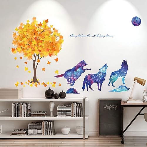 HO BEAR Juego de 2 calcomanías de pared con diseño de lobo y cielo estrellado, decoración creativa de la habitación de la cocina, decoración