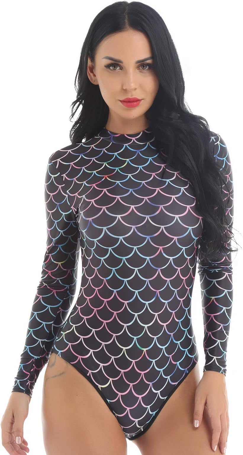 Agoky Women's Long Sleeve One Piece Swimsuit Mermaid Scale Print Wetsuit Bathing Suit Beachwear