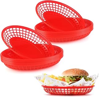 JJWNMLL 16 cestas de comida, canasta ovalada de plástico reutilizable, cestas de comida para hamburguesas, sándwiches, papas fritas, barbacoas, picnics, fiestas (‎Rojo 16pcs)