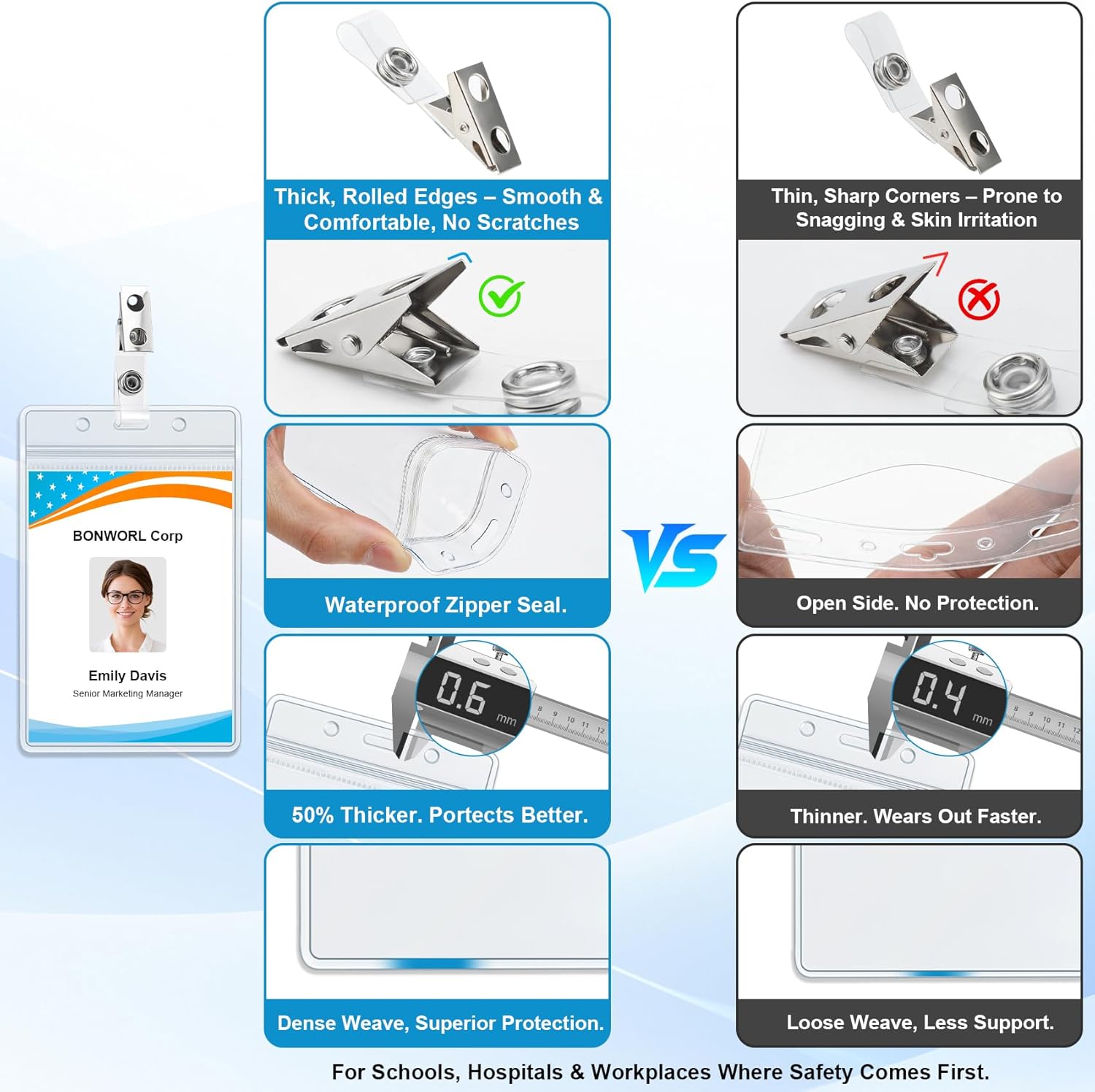 100 Pack Vertical Badge Holder with Clip, Clear PVC Waterproof ID Card Holders in Bulk, Heavy Duty Metal Clip Name Tag Holders for Office, School, Events & Exhibitions