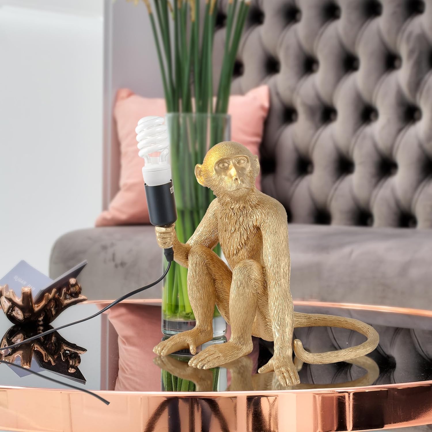 Modern Resin Sitting Monkey Table Lamp,Desk Lamp,Animal Lamp,Bedside LED Light for Home Decor,Living Room, Bedroom, Home Office, Kids Room(Gold)