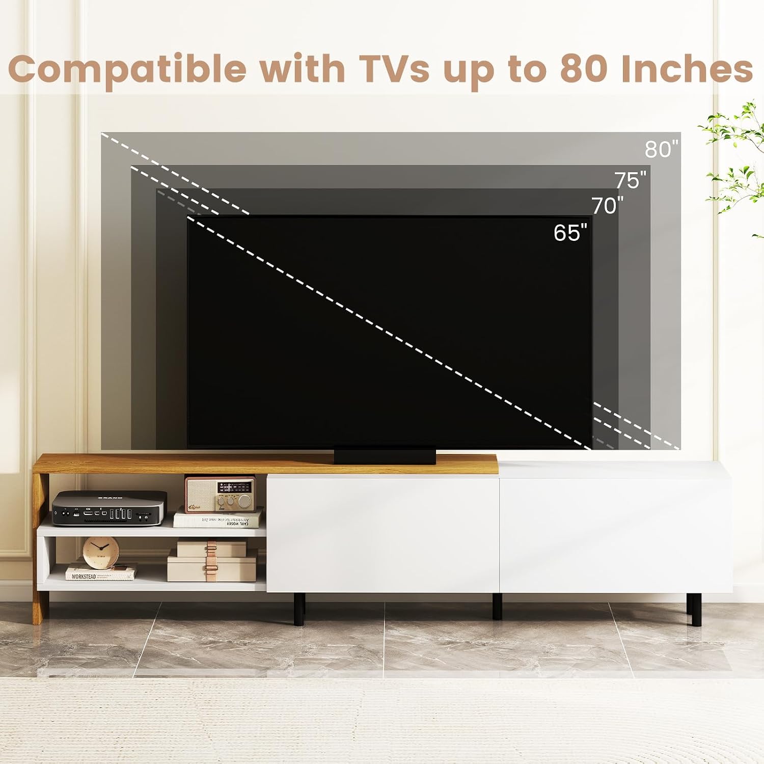 Giantex TV Stand for 80 Inch TVs, White Entertainment Center with Storage Cabinets, Open Shelves & Metal Legs, Modern Media TV Console Table for Living Room, Bedroom & Entryway