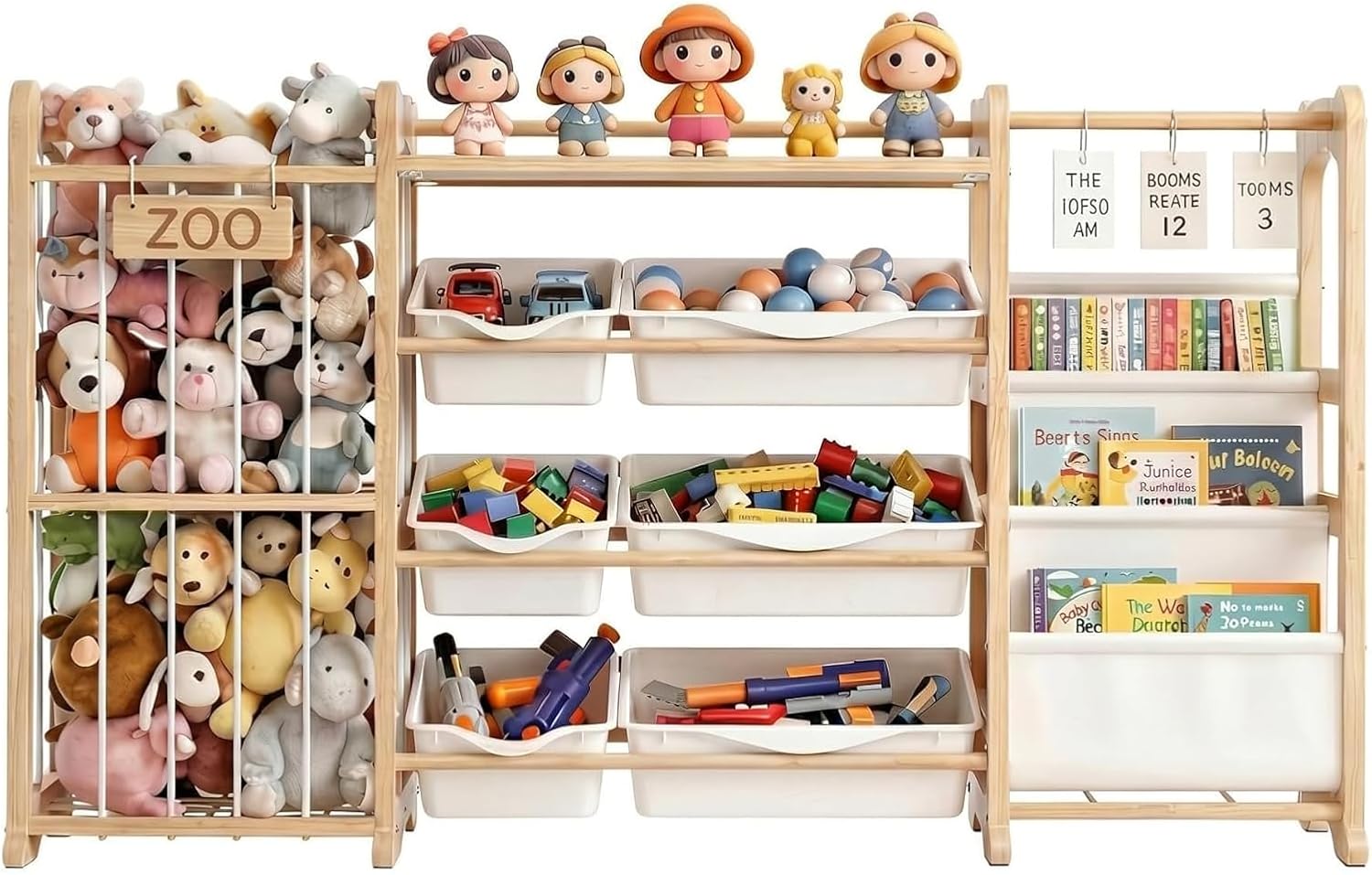 3-in-1 Toy Storage Organizer with Bookshelf Stuffed Animal Storage and 6 Storage Bins Large Wooden Kid Toddler Toy Shelf for Playroom Bedroom Nursery Anti Tip Easy Clean
