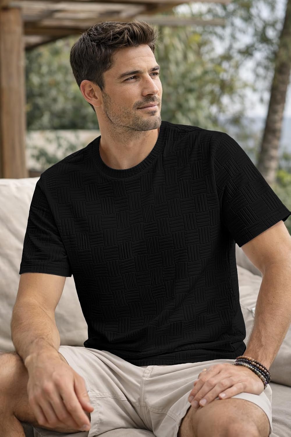 JMIERR Mens T-Shirt Casual Stretch Solid Crewneck Short Sleeve Tees Textured Shirts - Image 4