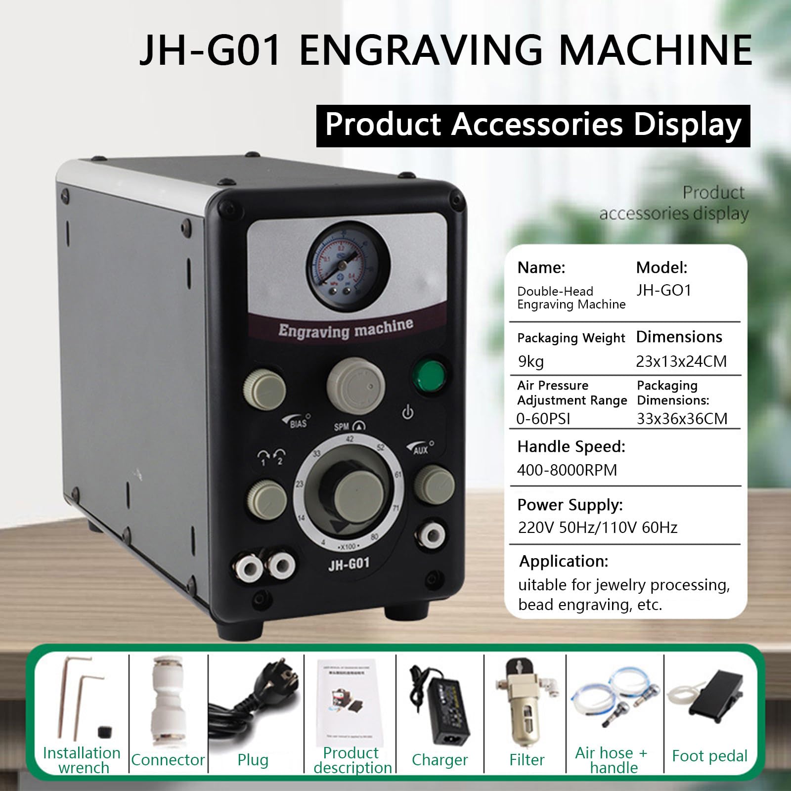 Grabadora de joyería eléctrica, Máquina de Grabado para Metal, 400-8000 RPM, máquina neumática de Doble Mango para joyería, con Pedal neumático, Graver Graver neumático para Manualidades