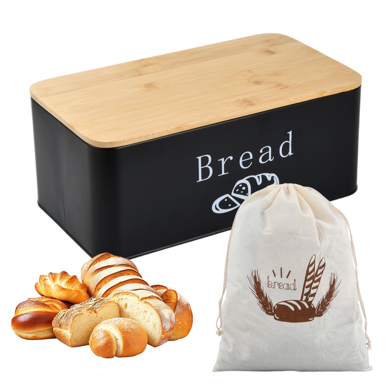 Joyan Panera Metálica con Tapa de Bambú y Bolsa de Algodón - Caja de Pan de Diseño Moderno con Ventilación para Mayor Frescura - Paneras para Guardar el Pan y Bollería en la Cocina