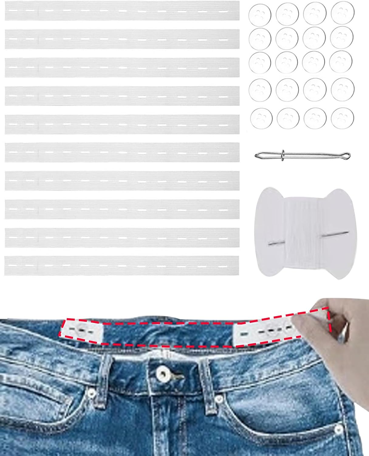 Adjustable Belt with Button Fasteners for Jeans & Casual Pants Elastic Waistband Tightener Tool for Adults & Kids White