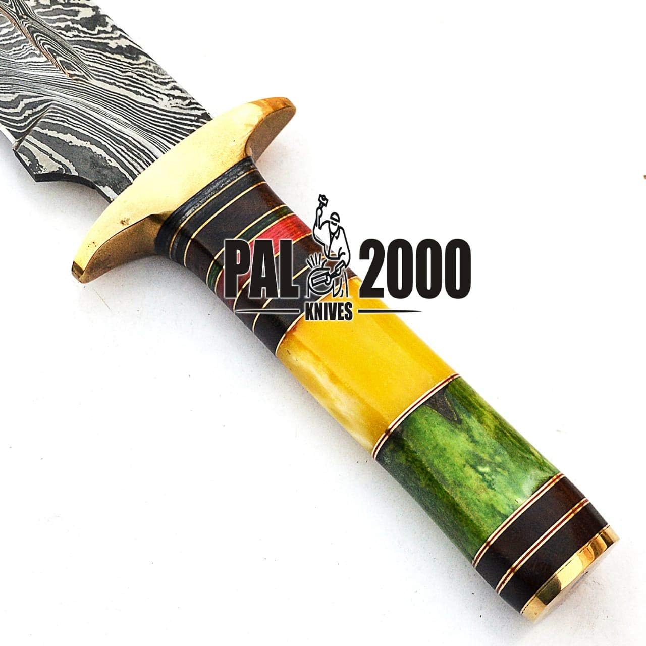 PAL 2000 KNIVES Handmade Damascus Steel 12.6 Inches Hunting Knife - Stained Camel Bone Handle with Sheath 9314