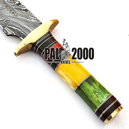 Miniatura 5 de PAL 2000 KNIVES Cuchillo de caza hecho a mano de acero de Damasco de 12.6 pulgadas, mango de hueso de camello manchado con funda 9314