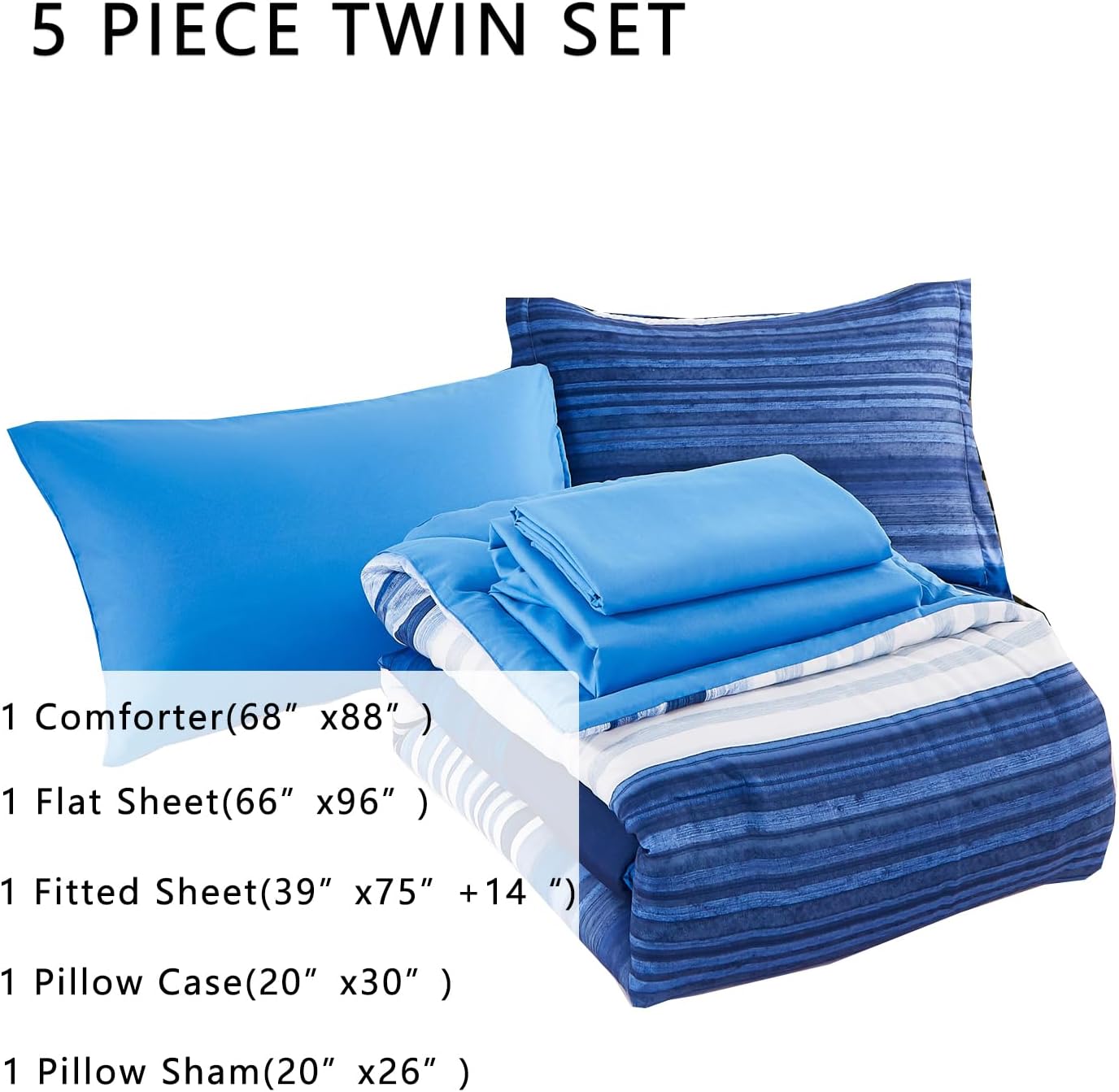 KAKIJUMN 5 Piece Bed in a Bag Stripe Comforter Set Twin Size, White and Blue Patchwork Striped Comforter and Sheet Set, All Season Soft Microfiber Complete Bedding Sets(Blue,Twin) - Image 2