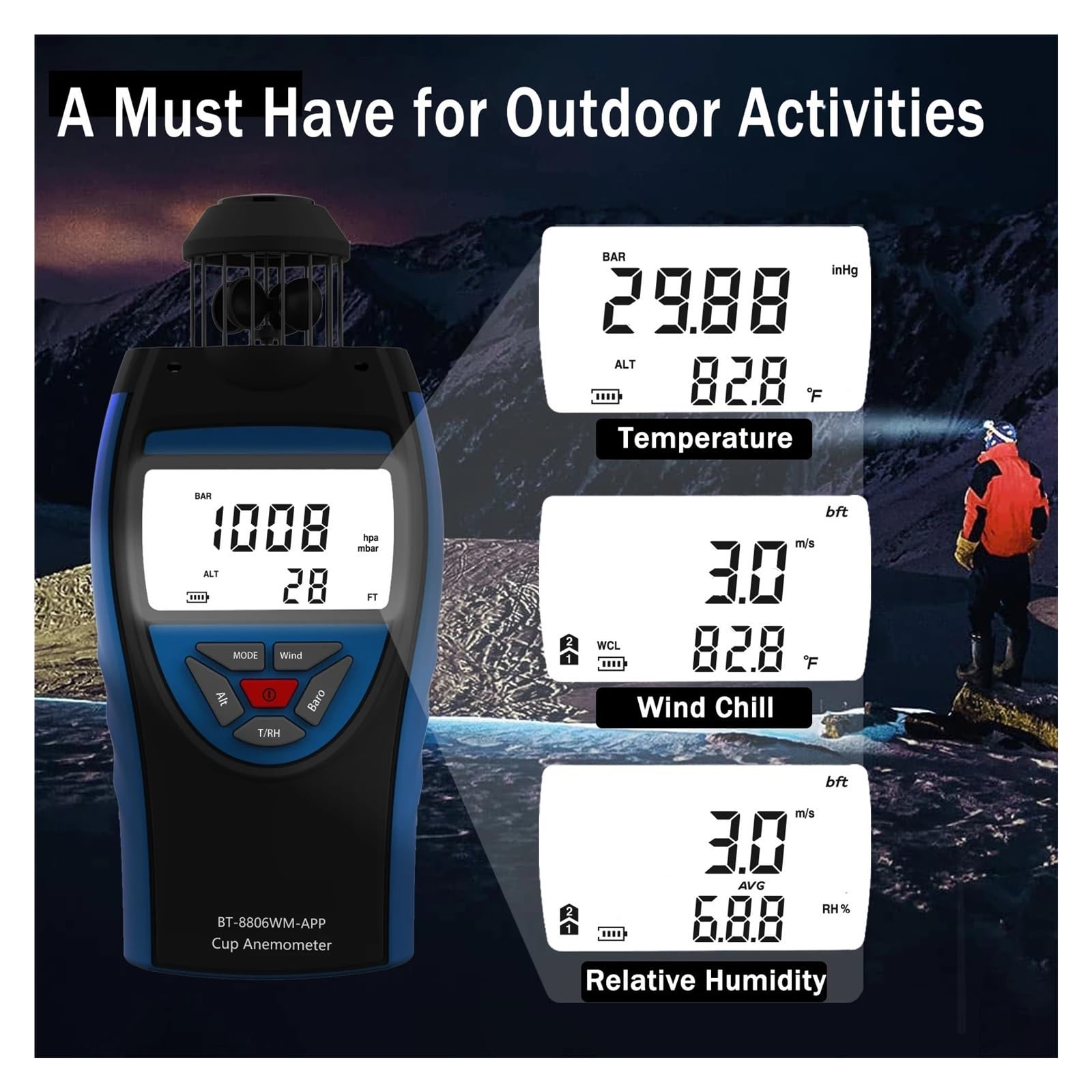 Anemómetro digital de 0,3~42 m/s, velocidad del viento por Bluetooth, volumen aire promedio HVAC, altitud CFM, barométrico, 8806-WM-APP