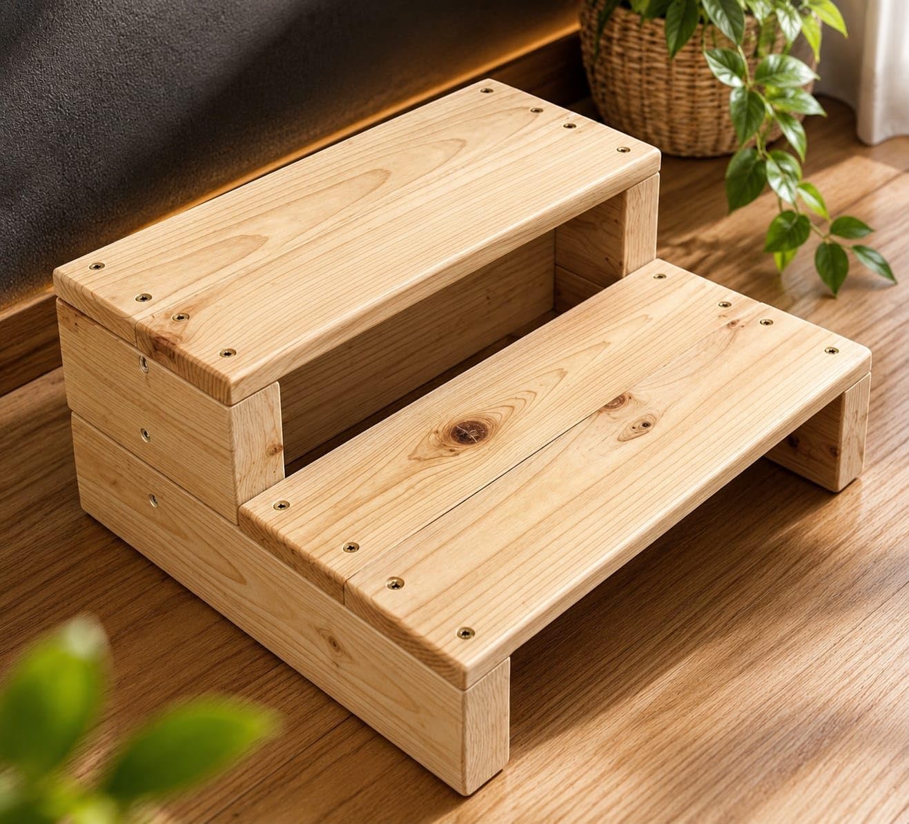 Wooden 2-Step Stool, Natural Finish, Solid Wood 2 Steps, Natural Wood Grain, Sturdy Construction, Indoor Use, Screw-Fixed Build Size - 40 x 40 x30 CM-image-47