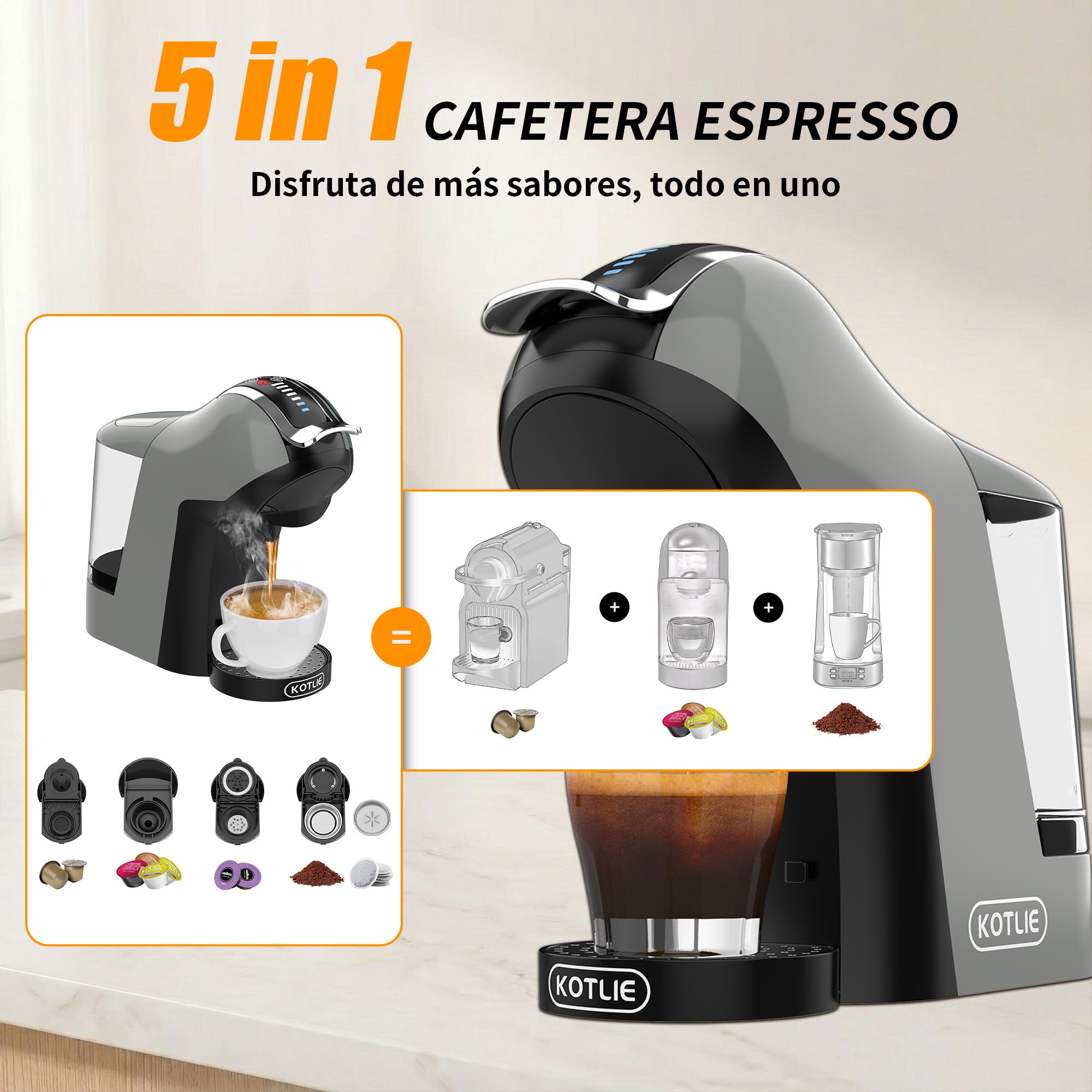 Upgrade Máquina de Cápsulas Café Espresso 5 en 1 19 Bar para Nespresso/Dolce Gusto/LAVAZZA MIO/LOR y Café Molido/ESE, Cafeteras Automáticas Pequeñas con Cápsulas, EM-308B (Gris)