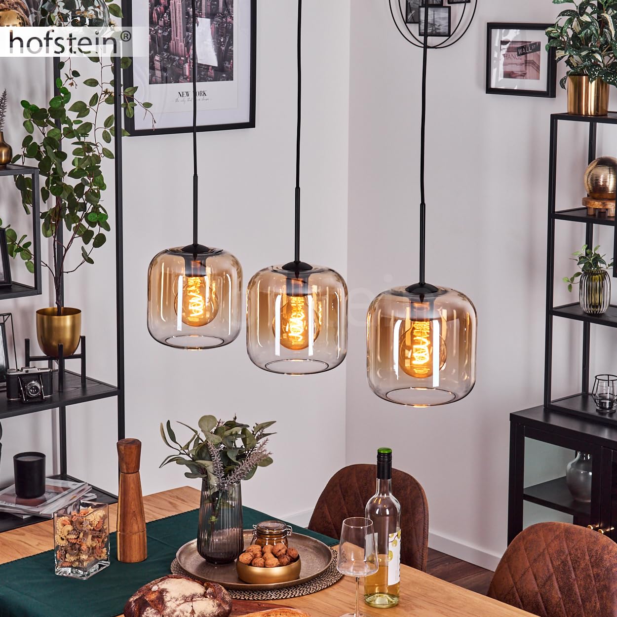 Pendelleuchte Lauden, Pendellampe aus Metall/Glas in Schwarz/Bernsteinfarben/Klar, Leuchte im modernen Retro/Vintage-Design mit Schirmen aus Glas (Ø 20 cm), Höhe max. 150 cm, 3x E27, ohne Leuchtmittel