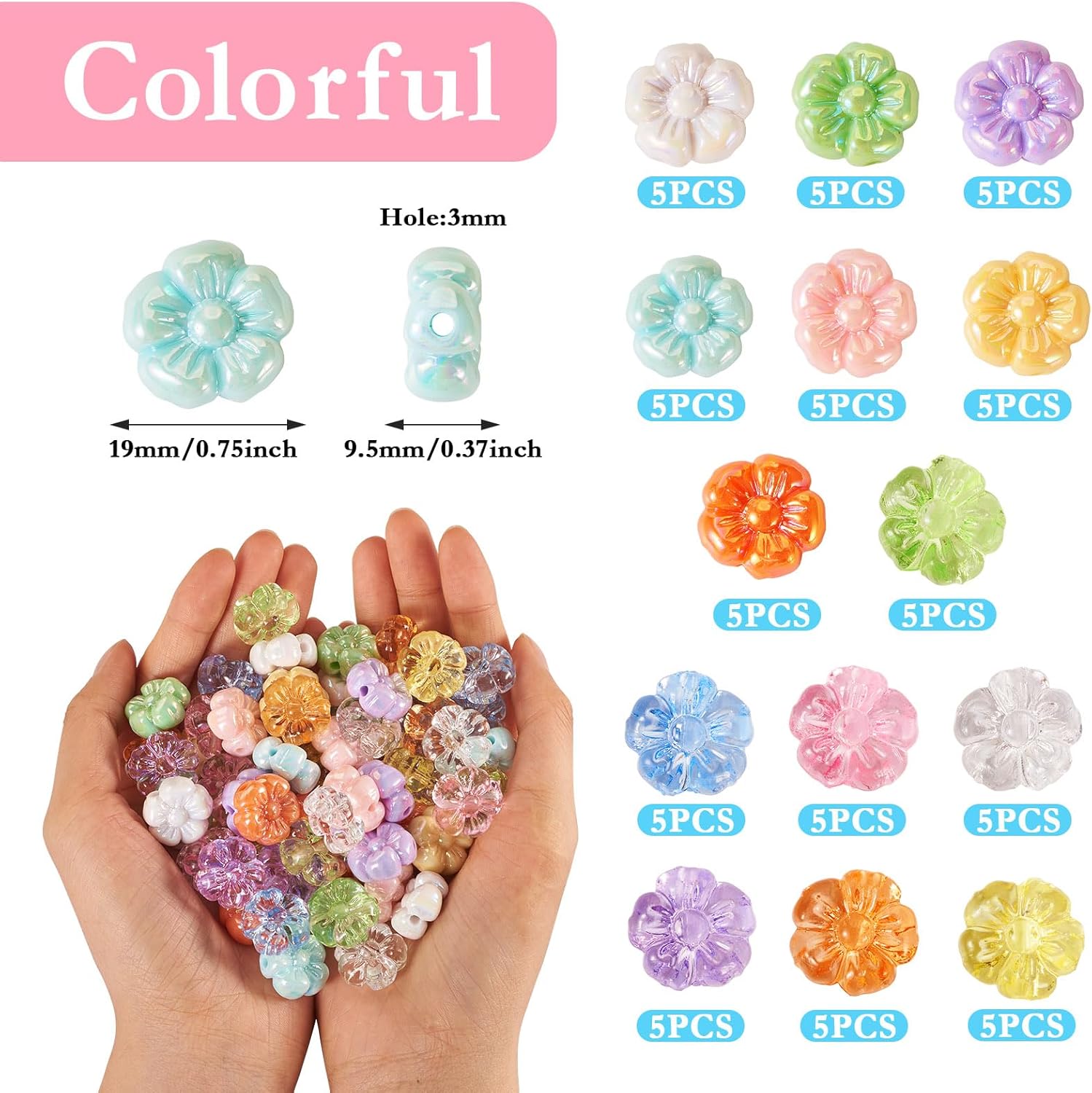 70Pcs Flower Acrylic Beads Colorful Chunky 5-Petal Blossom Floral Spacer Beads Cute Candy Flower Loose Beads Spring Plant Charm Beads for DIY Craft Friendship Bracelet Lanyard Jewelry Making - Image 2