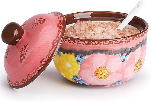 silesia Azucarero hecho a mano con tapa y cuchara, tarro de azúcar de cerámica pintado a mano de 10 onzas para cocina en caja de regalo, decoración