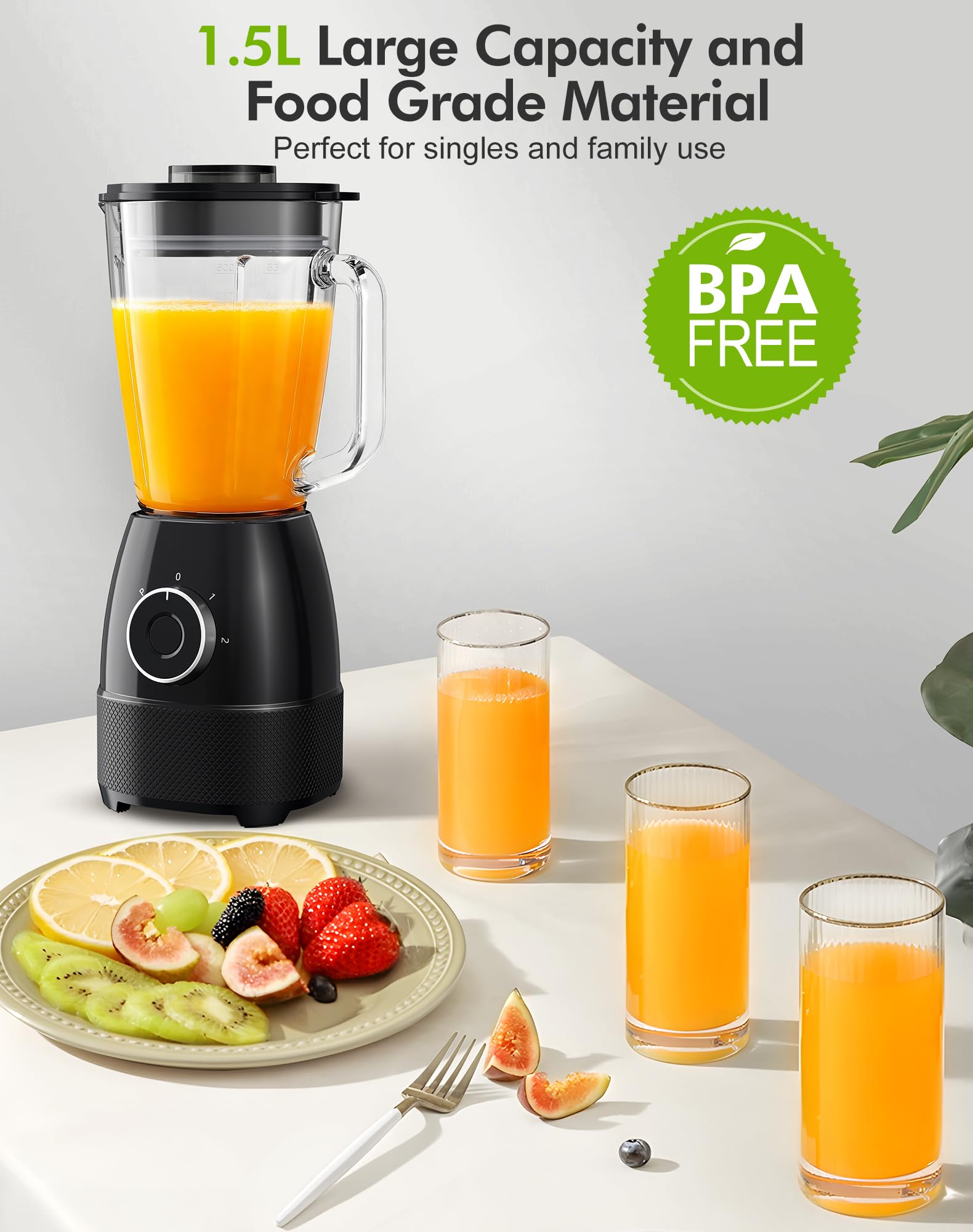 Blender, 1500 W, elektryczny smoothie blender z szklanym dzbankiem 1,5 l i przenośnymi butelkami 600 ml, regulowana prędkość, ostrze ze stali nierdzewnej do lodów, owoców, warzyw