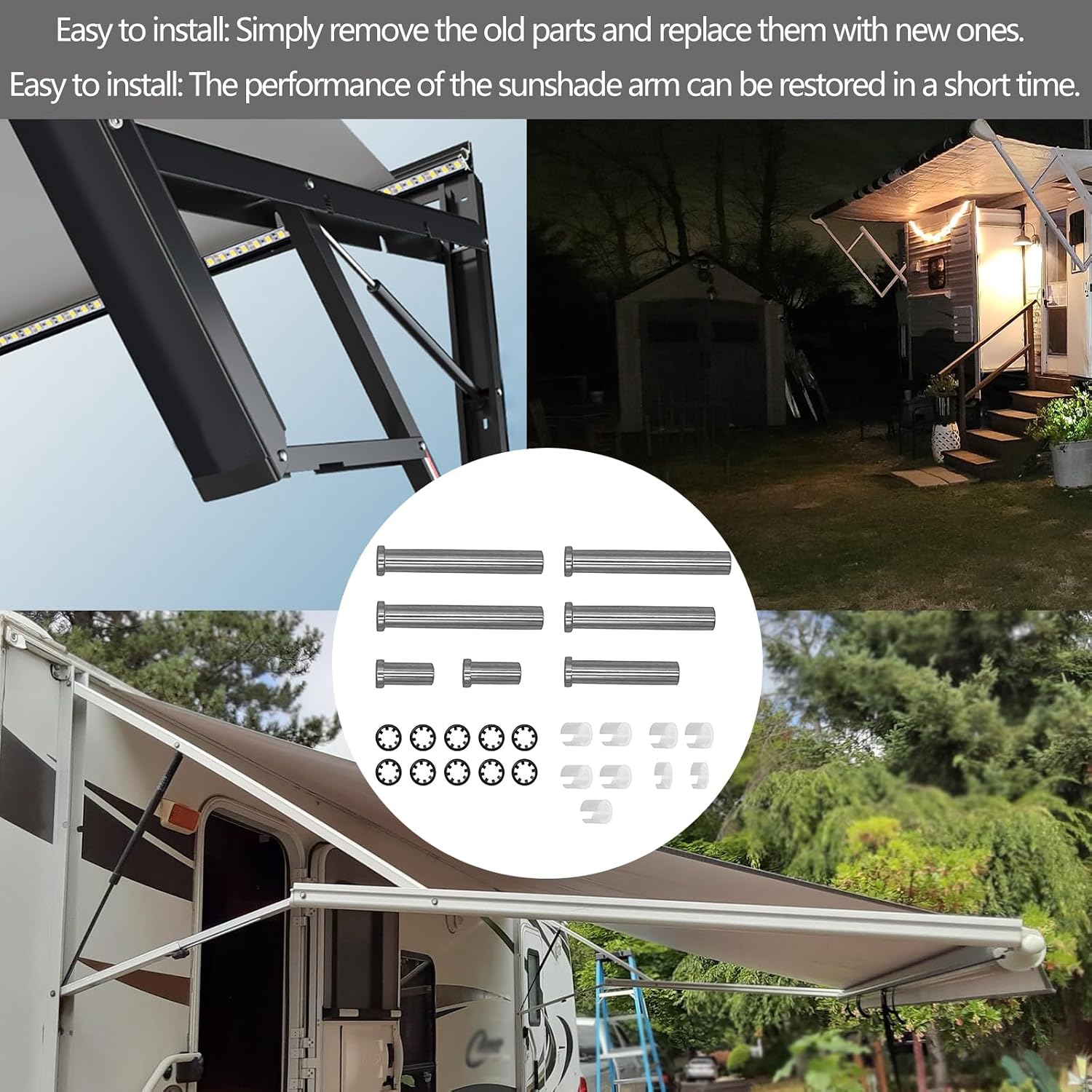 Suitable for RV Canopy arm Replacement kit, 7 pins, 4 bushings, 4 Medium bushings, 4 Small bushings, 10 Fixing snap Rings