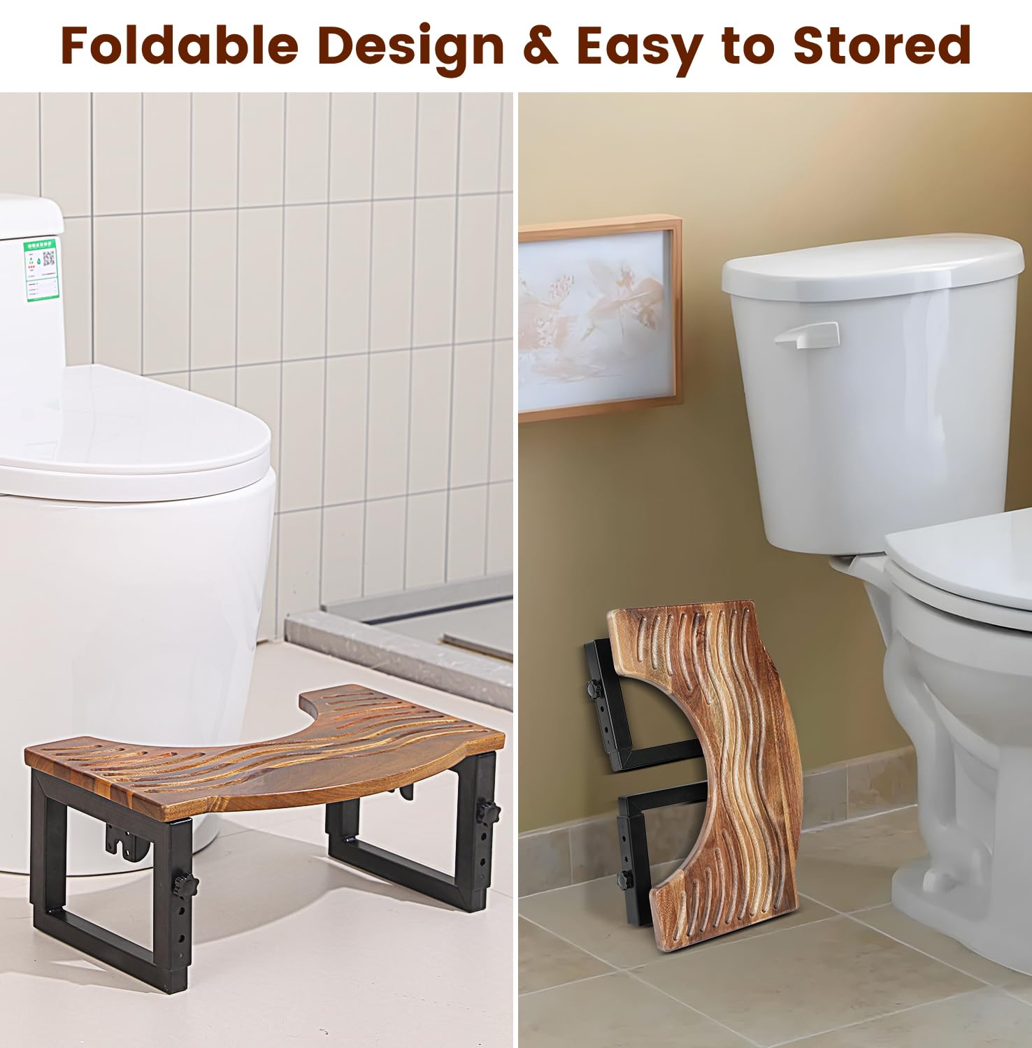 Toilettenhocker, faltbar, 7,8,9 cm, höhenverstellbar, Akazienholz, Kothocker für Töpfchentraining, Kniebeugen-Töpfchen für Erwachsene, Kniebeugenposition verbessert die Darmgesundheit und lindert