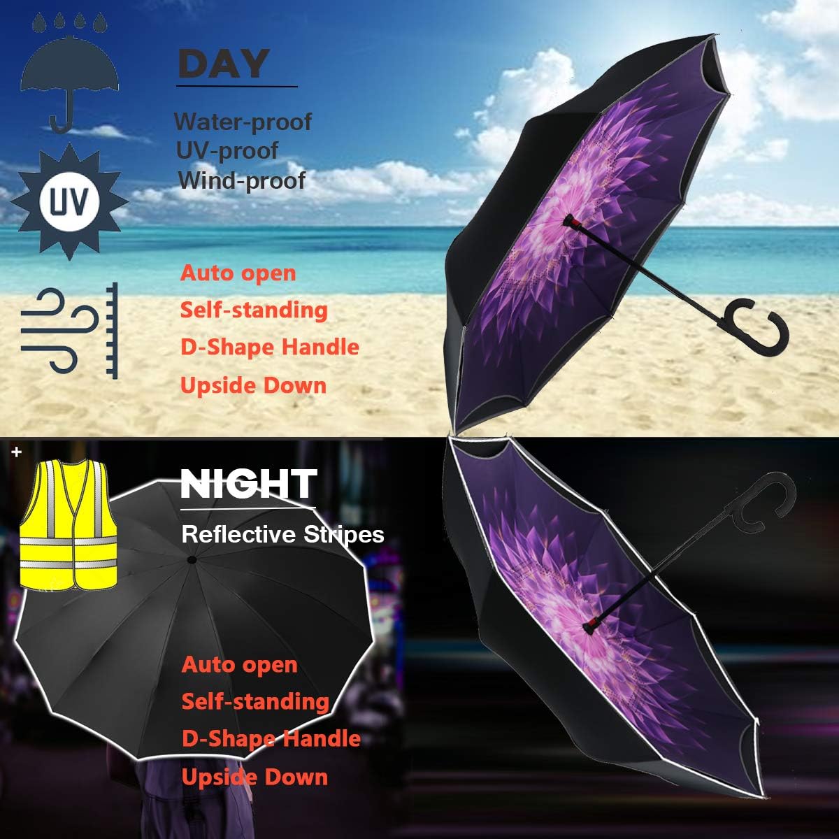 SIEPASA Auto-Open Reverse Umbrella, Umbrella Windproof, Inverted Umbrella, Umbrellas for Women with UV Protection, Upside Down Umbrella with Safe Reflective Stripe(Dahlia)