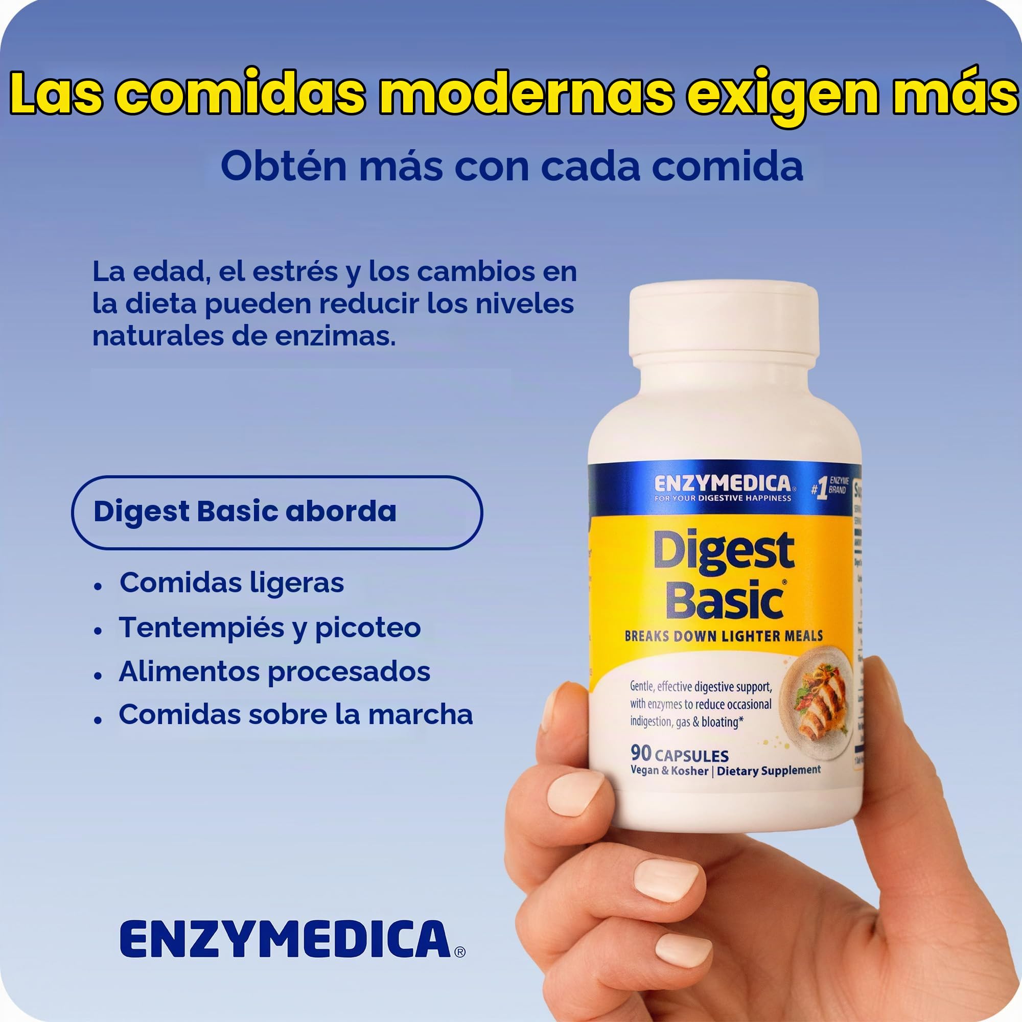 Enzymedica, Digest Basic, Fórmula Enzimática, Reduce los Gases, Mejora la Absorción de Nutrientes, con ATP y Magnesio, Sin Gluten, Sin lácteos, 90 Cápsulas