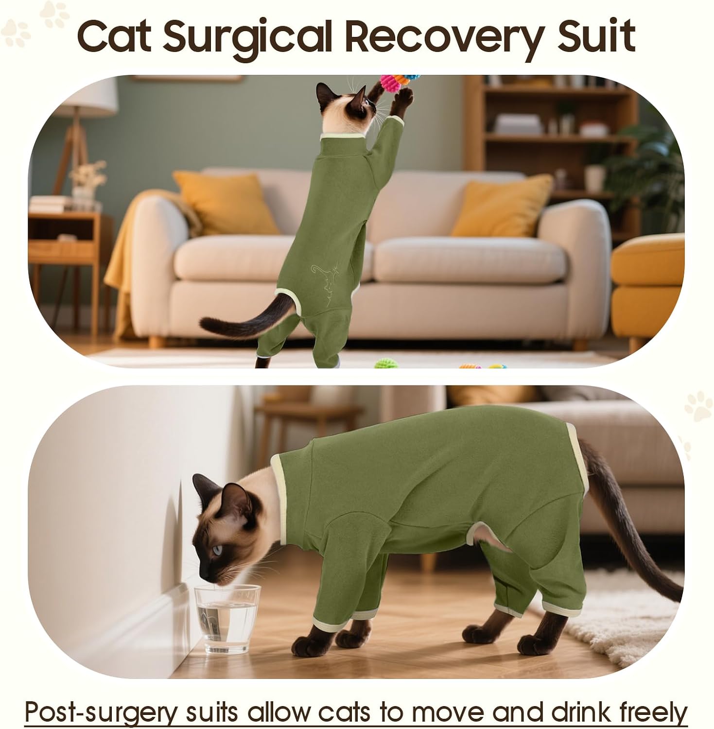 dentrun cat clothes for hair control with hair sticky fabric - soft recovery suit & breathable lint-resistant cat sweater for cats only, kitten onesie pajamas, s, army green small army green