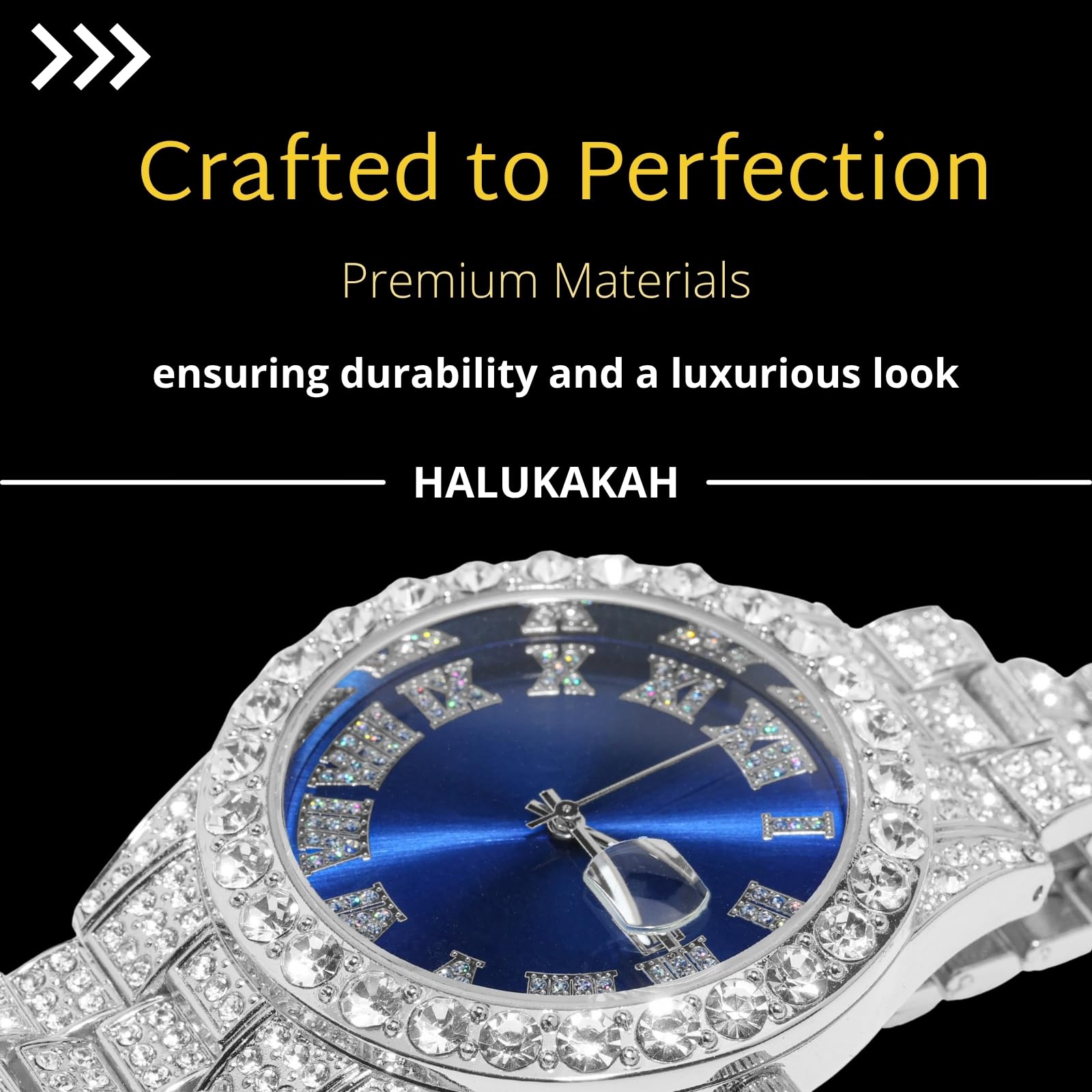 Halukakah Diamanten Gold Uhr für Jungen - 18K Echtgold/Platin Platiniert,42mm Blaues/Grünes/Rotes Zifferblatt,Japanisches Quarzwerk - 20cm Länge- Optional mit Cuban Gliederkette,mit Anpassungswerkzeug