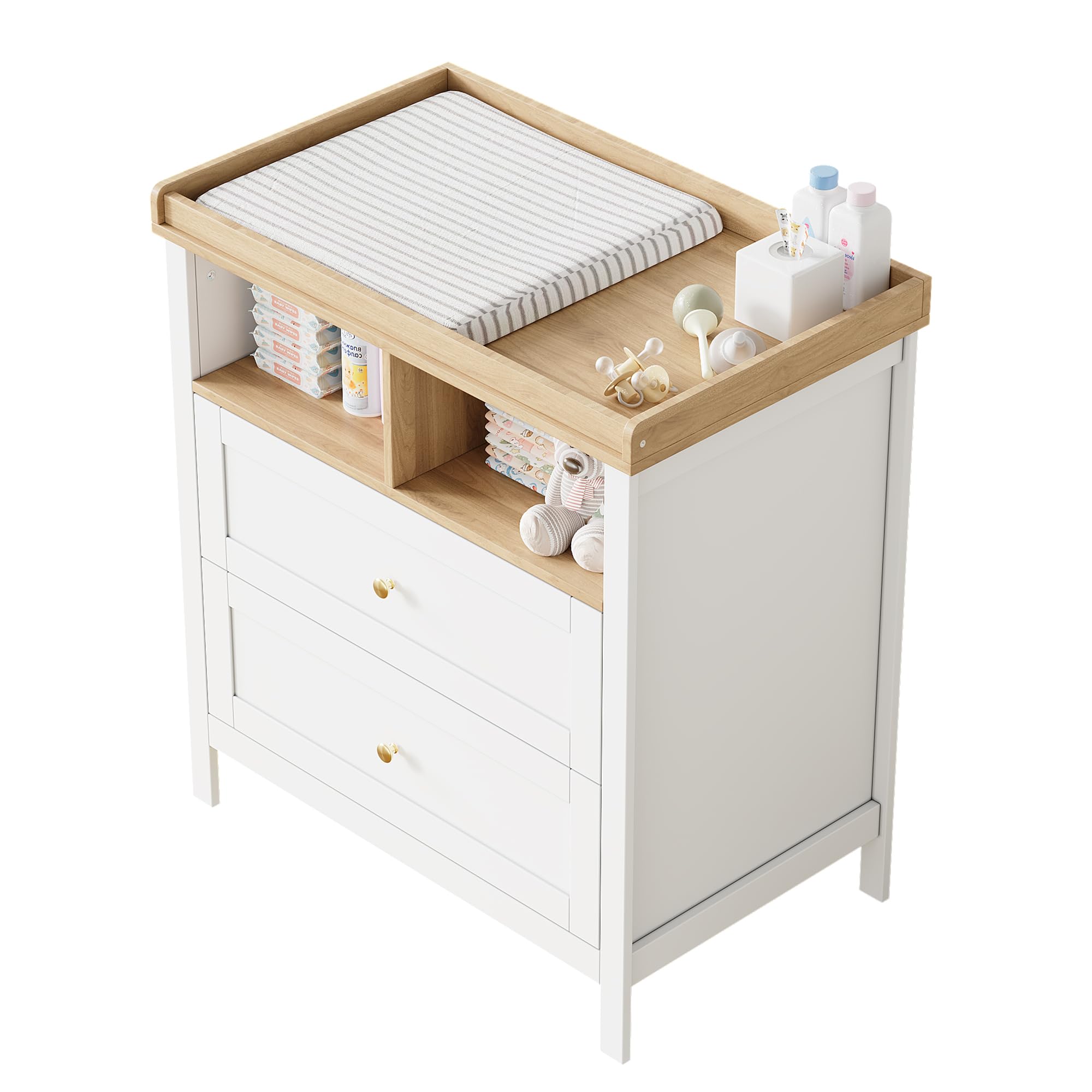 Fasciatoio multifunzione per bambini, convertibile con fasciatoio rimovibile e cassetti, cassettiera con fasciatoio, bianco, 82 x 50 x 90 cm, senza imbottitura, naturale + bianco
