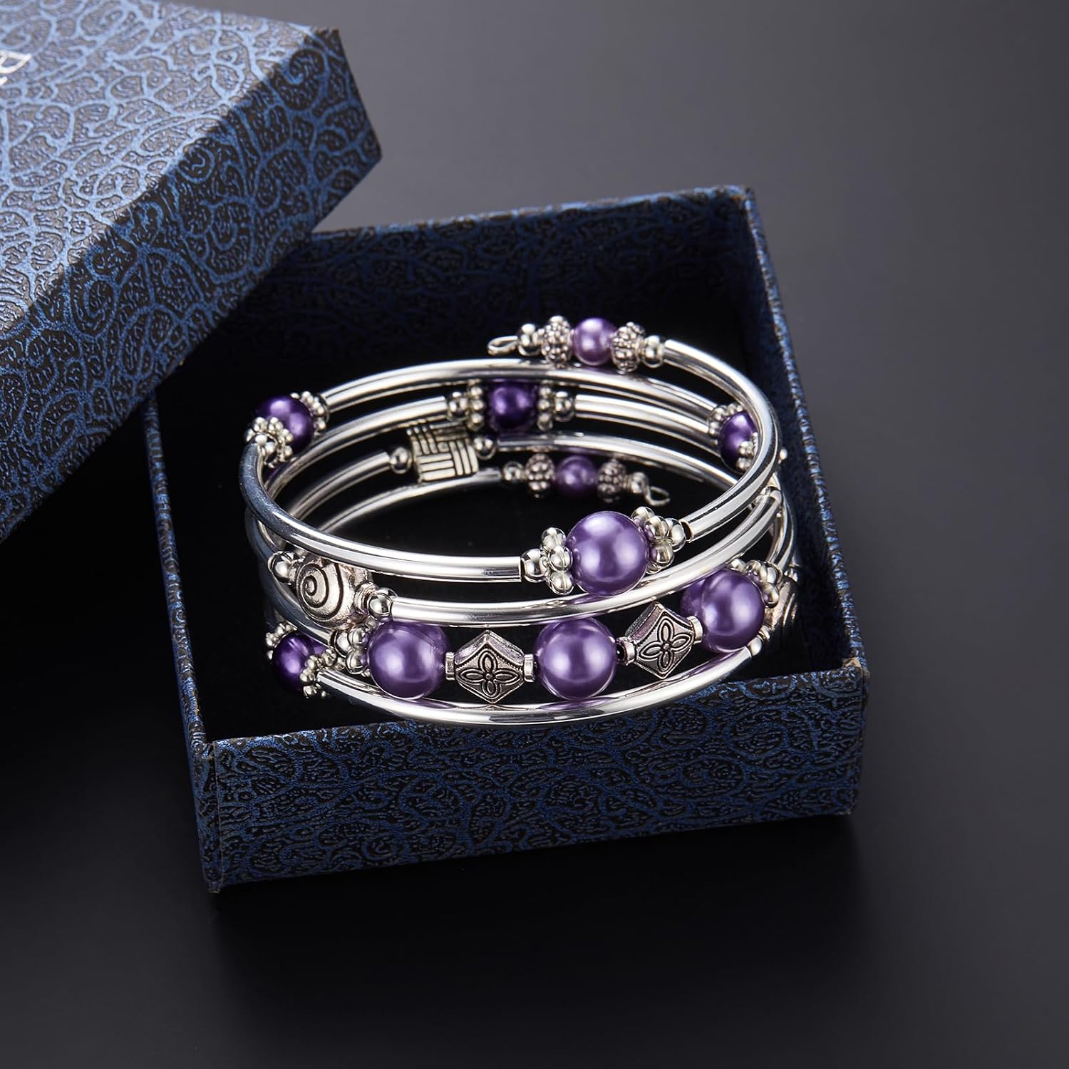 Beaded Pearl Bangle Wrap Bracelet - Fashion Bohemian Jewelry Multilayer Charm Bracelet with Thick Silver Metal Beads, Gift For Women