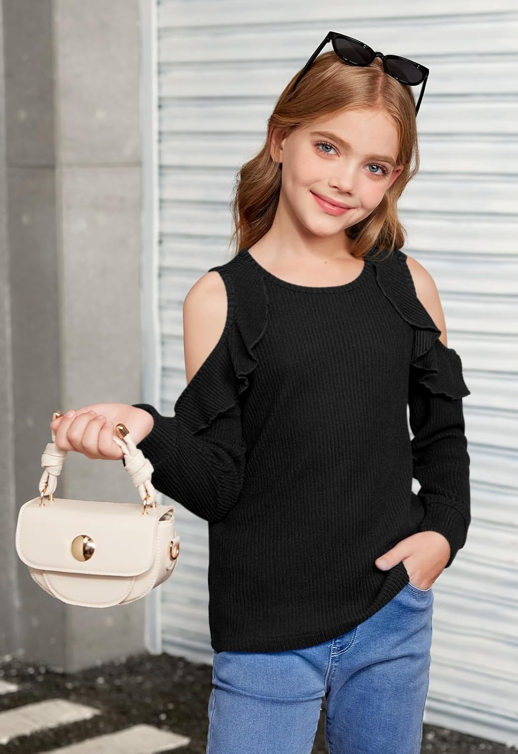 Girls Fall Cold Shoulder Knit Shirts | Long Ruffle Sleeve Crew Neck Casual Cozy Pullover Top, 6–14 Years - Image 4
