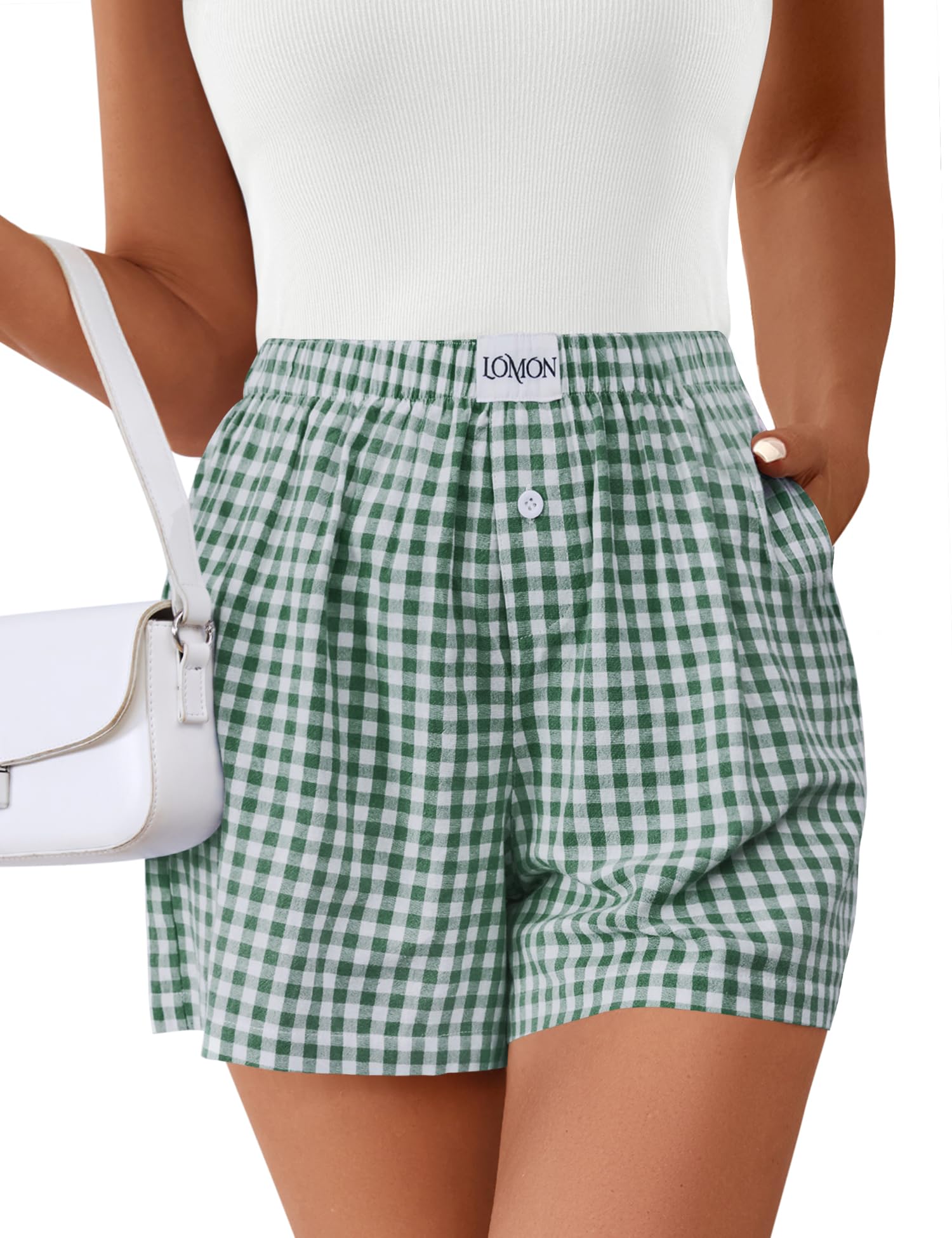 Lomon Boxer Shorts for Women Summer Gingham Pajamas 2026 Lounge Sleep Pj Plaid Shorts Y2K Beach Bottoms with Pockets