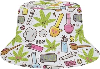 SEPTYK Green Weed Marijuana Kawaii Cartoon White Cannabis Pattern Bucket Hat Summer Fisherman Cap for Women Men Beach Sun Hat Casual Fishing Travel Sun Protection Headwear