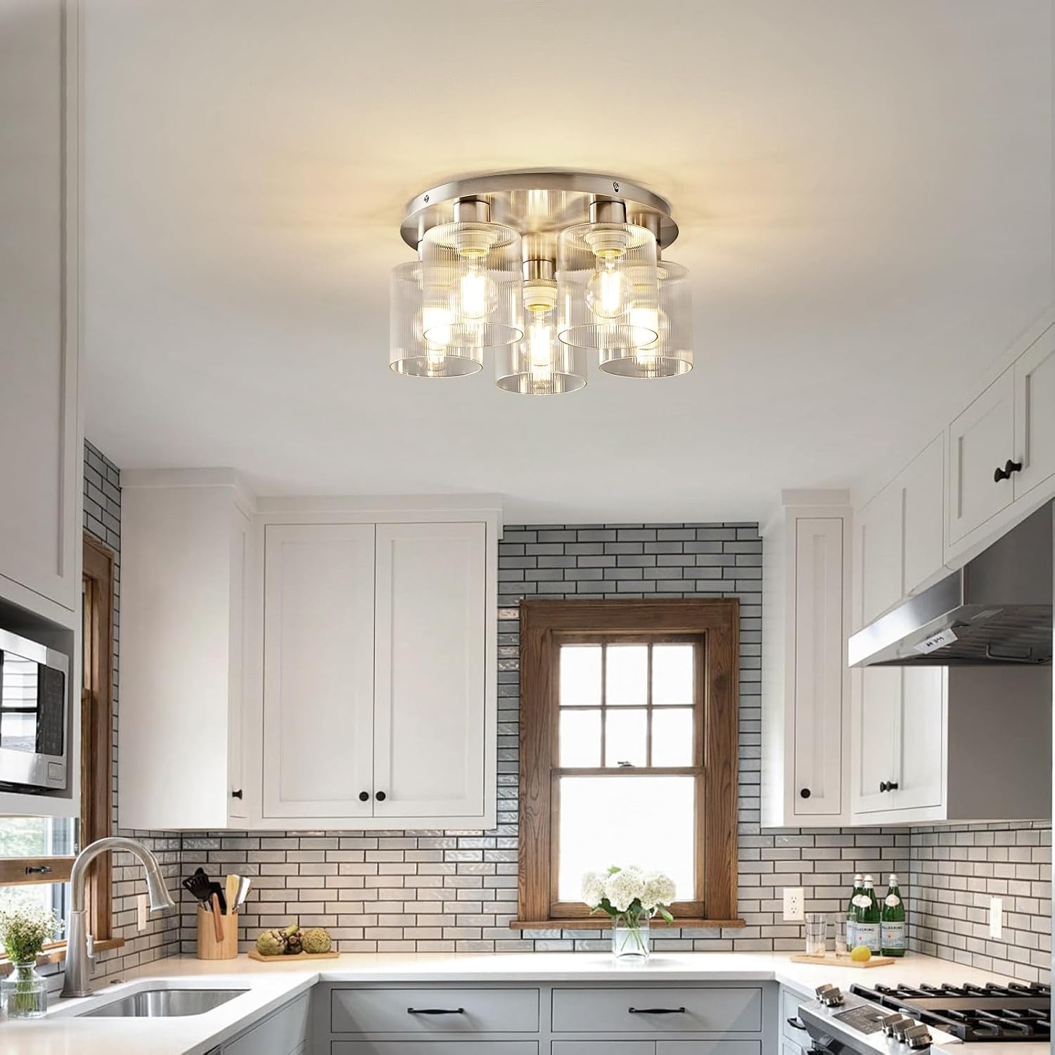 OKELI 5-Lights Semi Flush Mount Ceiling Light Kitchen Lighting Fixtures Ceiling Brushed Nickel Kitchen Cieling Light Fixtures with Clear Glass Shade for Dining Room Entryway Foyer Hallway