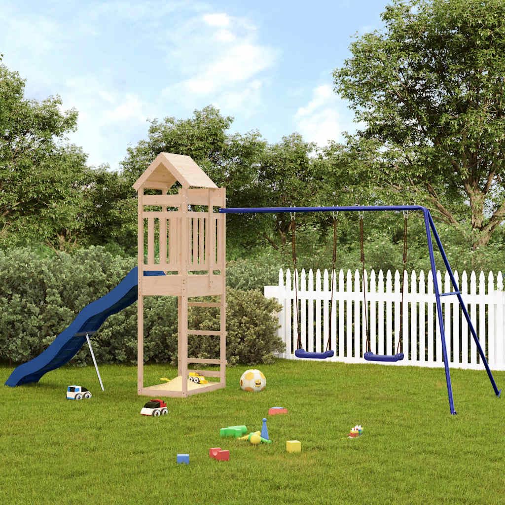 Torre da gioco in legno di pino massiccio con scivolo e doppia altalena, giocattolo da giardino per bambini dai 3 agli 8 anni, con sabbiera e struttura da arrampicata, stabile torre da