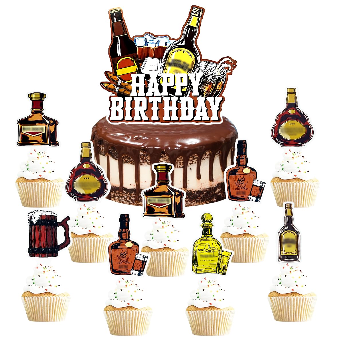 SANYUANHE Pack of 25 Whisky Cupcake Toppers, Whisky Cake Decoration, Whisky Beer Birthday Party Accessories, Happy Birthday Beer Whisky, Oktoberfest Cake Party Decoration