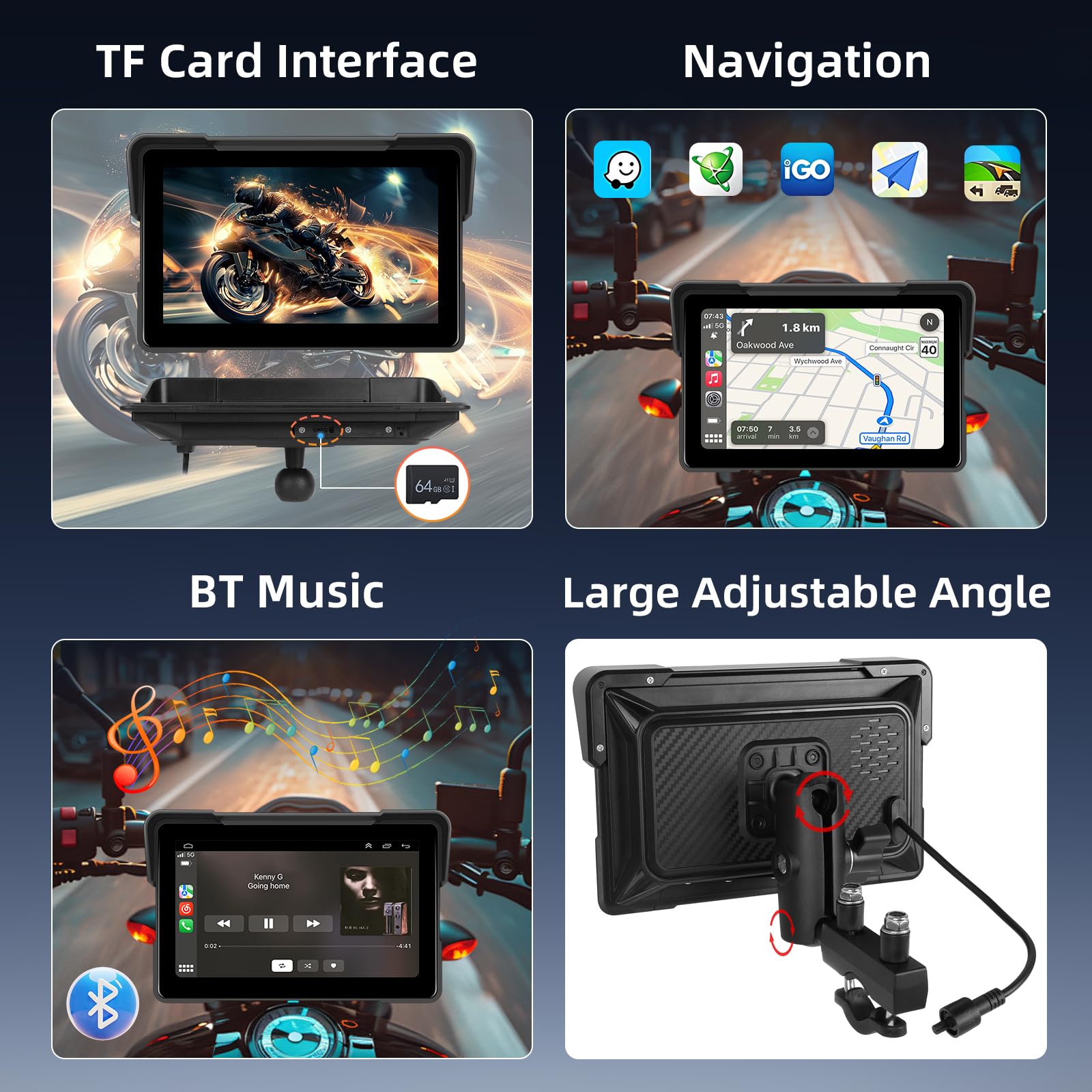 Schermo Carplay Moto Senza Fili 7 Pollici Impermeabile Touchscreen Doppio Bluetooth Navigazione GPS Android Auto +64G Card