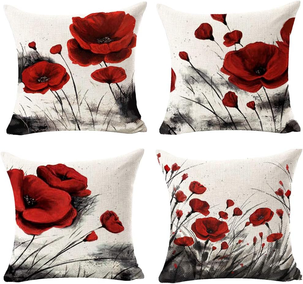 Andreannie Set of 4 Beautiful Charming Retro Watercolor Oil Painting Red Poppy Cotton Linen Throw Pillow Case Cushion Cover New Home Office Indoor Decorative Square 18 X 18 Inches(D)