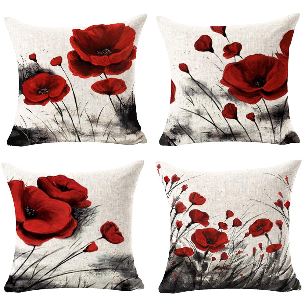 Andreannie Set of 4 Beautiful Charming Retro Watercolor Oil Painting Red Poppy Cotton Linen Throw Pillow Case Cushion Cover New Home Office Indoor Decorative Square 18 X 18 Inches(D)