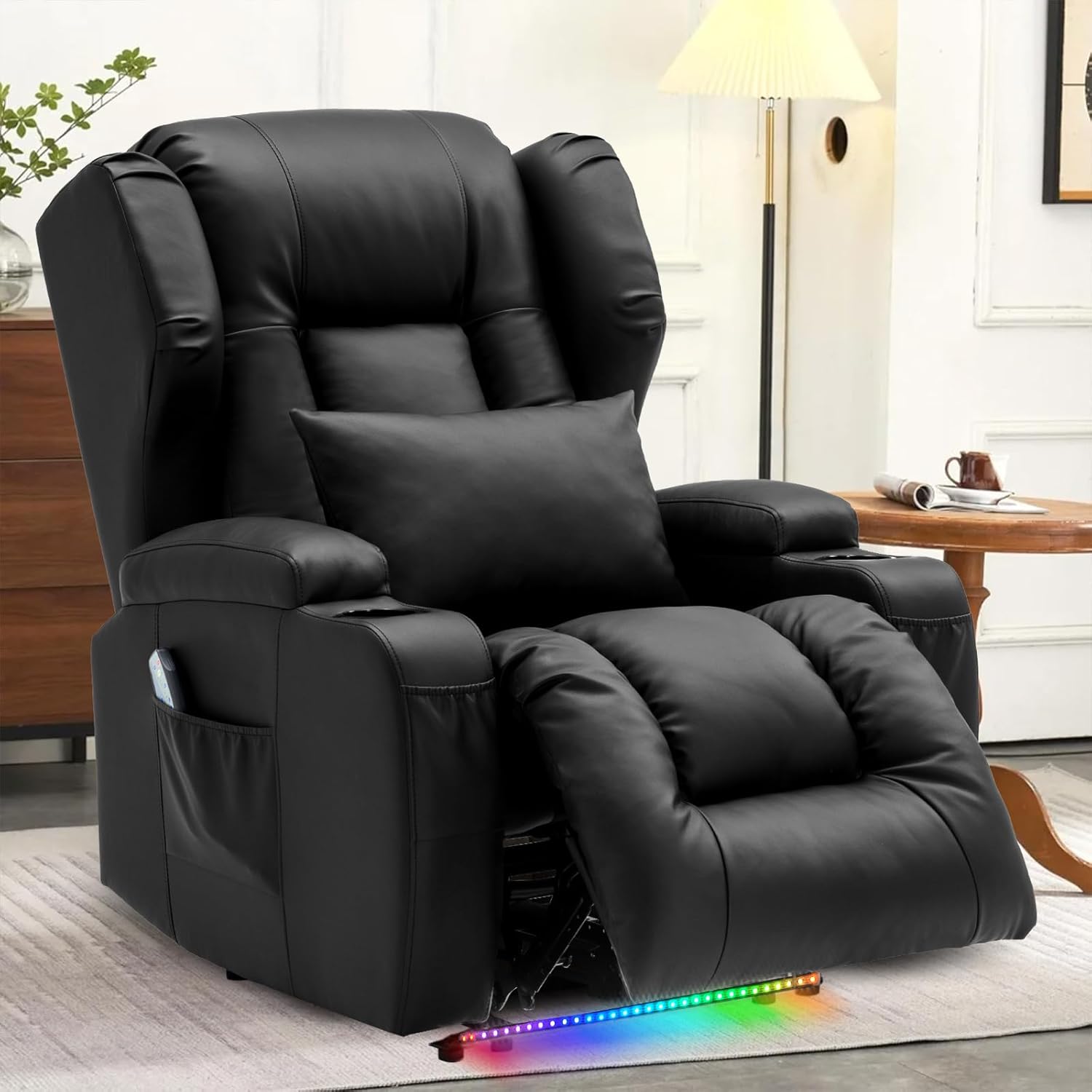 Power Recliner Chairs for Adults with Massage and Heat,Single Faux Leather Recliner Chair Sofa Reclinable Home Theater Seating with LED Lights,Cup Holders,Reclining Chair for Living Room (Black)